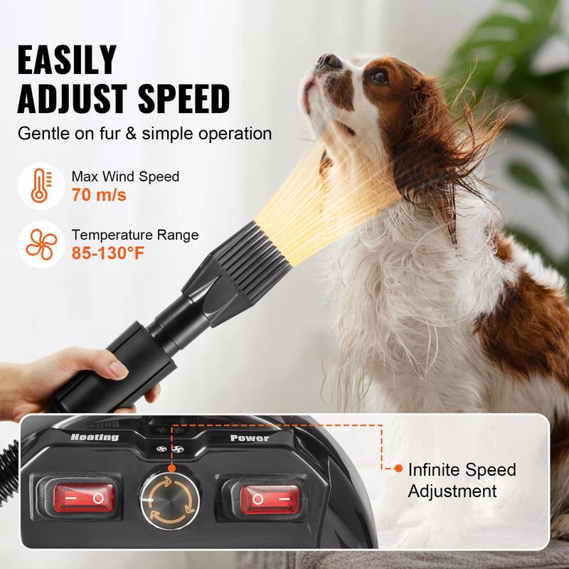 EASILY ADJUST SPEED  
Gentle on fur & simple operation  

- Max Wind Speed: 70 m/s  
- Temperature Range: 85-130°F  
- Infinite Speed Adjustment