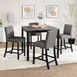 LUCKY ONE - 5-Piece Dining Set with 39" Square Counter Height Table and 4 Upholstered Chairs - Black,Light Gray