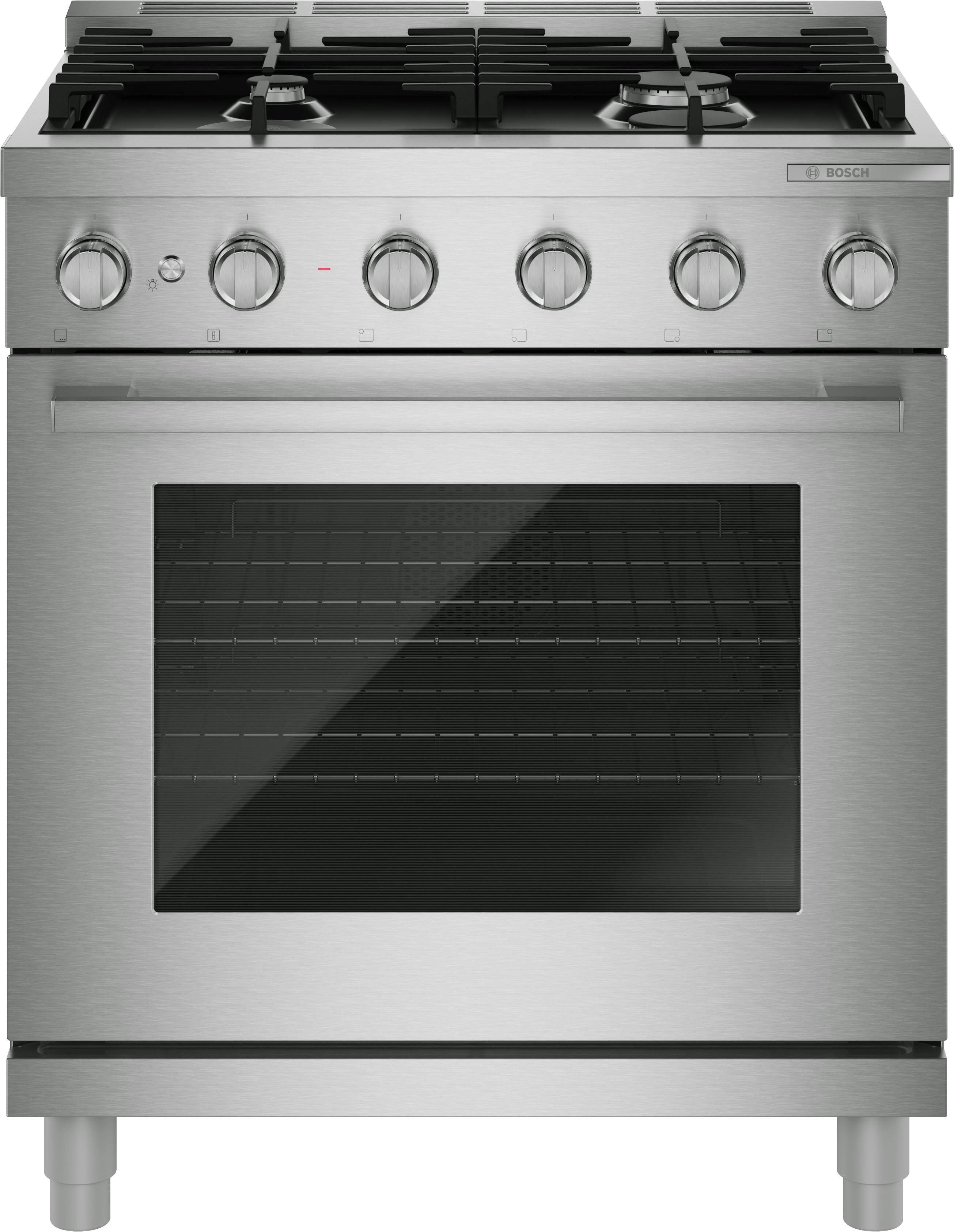 Front. Bosch - 500 Series 30 in. Wide 4.9 Cu. Ft. Industrial Pro Style Convection Gas Range with 5 Burners - Stainless Steel.