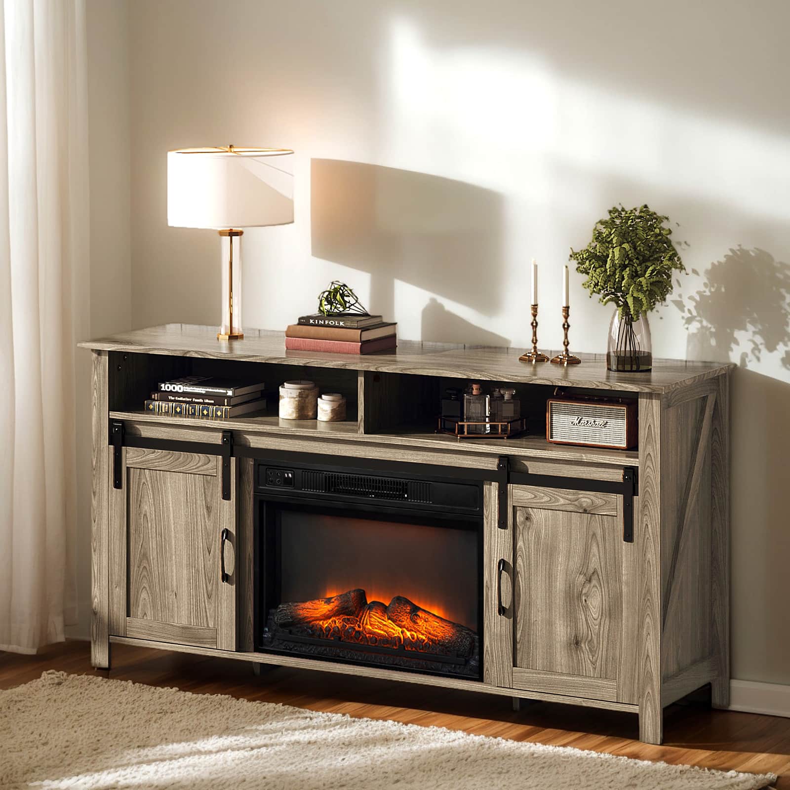 Chateau Abodes - 58" Fireplace TV Stand with 23" Insert, Brown Barn Door Top & Sliding Track - Gray