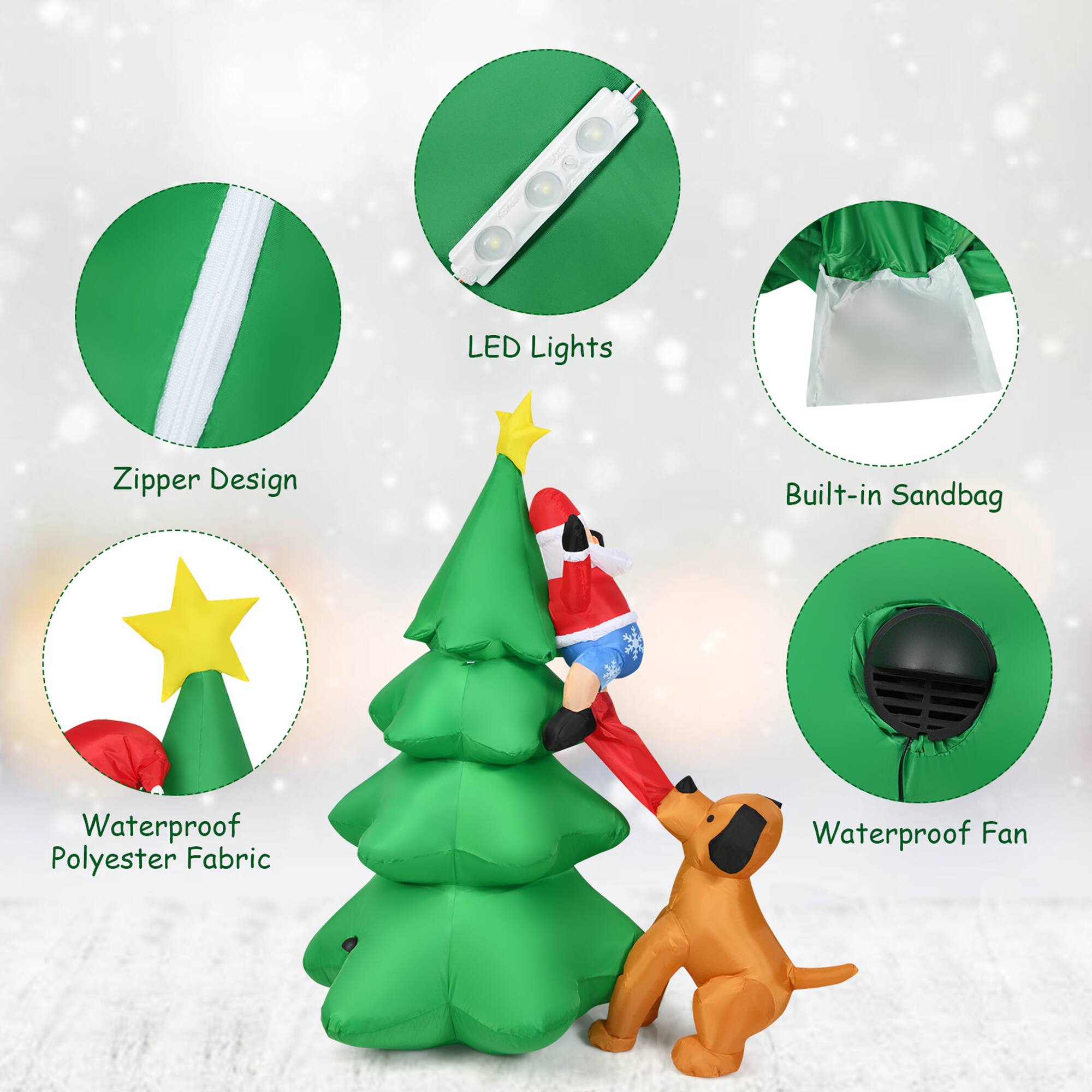 - LED Lights
- Zipper Design
- Built-in Sandbag
- Waterproof Polyester Fabric
- Waterproof Fan