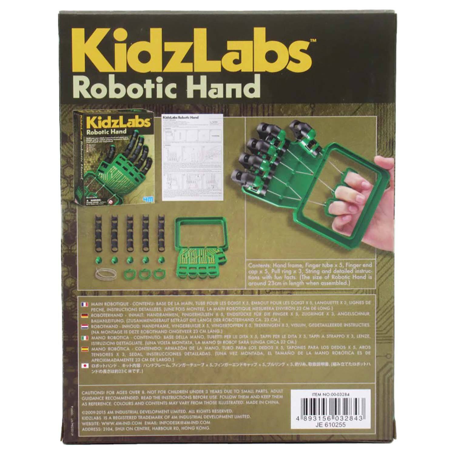 KidzLabs Robotic Hand Contents: Hand frame, Finger tube, Finger and cop, Pull ring, String and detailed instructions with fun facts. The size of the Robotic Hand is around 23cm in length when assembled.