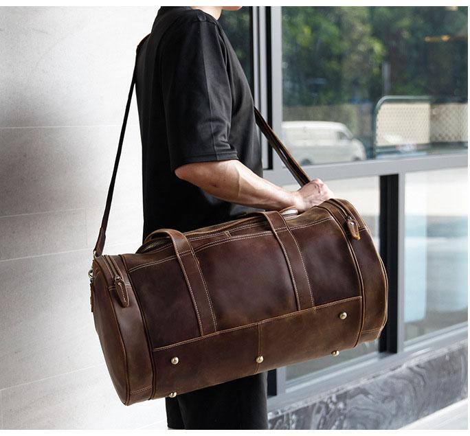 Alt View 1. Steel Horse Leather - The Wainwright Weekender | Round Vintage Leather Weekender - Dark Brown.