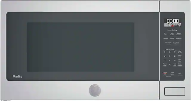 The text on the image reads:
88:88 Sensor Auto Cook Time Mute Stream Insight Defrost Timer Melt Soften Lock Sensor Cooking Pizza Melt/Defrost Soften Weight/Time Reheat Potato Popcorn Beverage Vegetable Express Cook 1 2 3 Add 30 Sec 4 5 6 Timer Oil Level 0 Set Clock Clock Display Profile Cancel Start Off Pause Dual Heat Uniform Heat WiFi %
This text appears to be a list of features and settings available on the microwave.