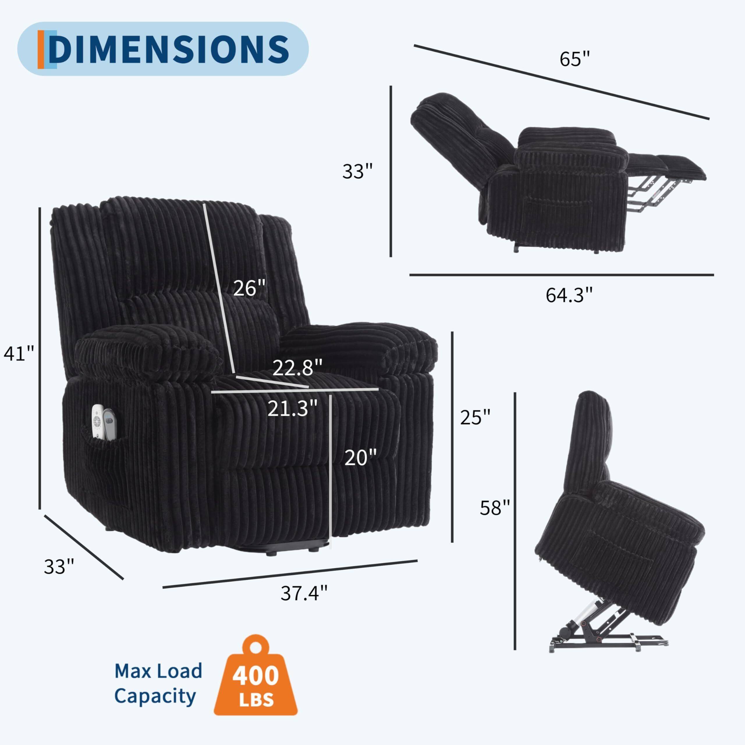 DIMENSIONS  
65" x 33" x 26"  
64.3" x 41" x 22.8"  
21.3" x 20" x 37.4"  
25" x 58" x 33"  

Max Load Capacity: 400 LBS