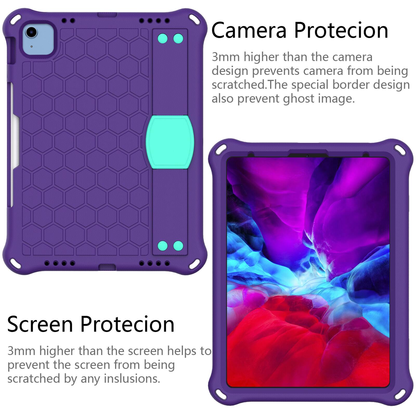 Camera Protection  
3mm higher than the camera design prevents the camera from being scratched. The special border design also prevents ghost images.  

Screen Protection  
3mm higher than the screen helps to prevent the screen from being scratched by any inclusions.