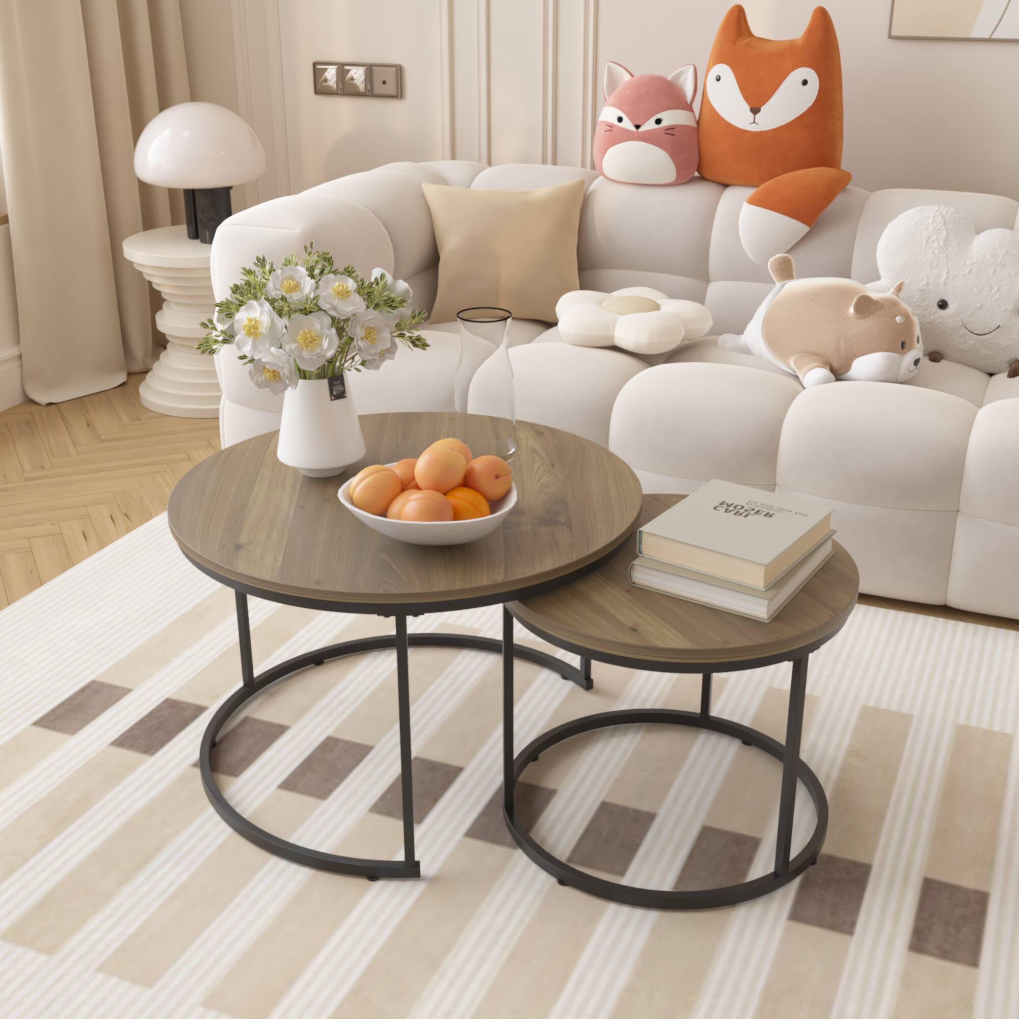 Angle. Z-Edge - Modern Coffee Table, Nesting Round Table Set of 2, Side Table with Sturdy Metal Frame for Living Room Bedroom Apartment - Brown + Black.