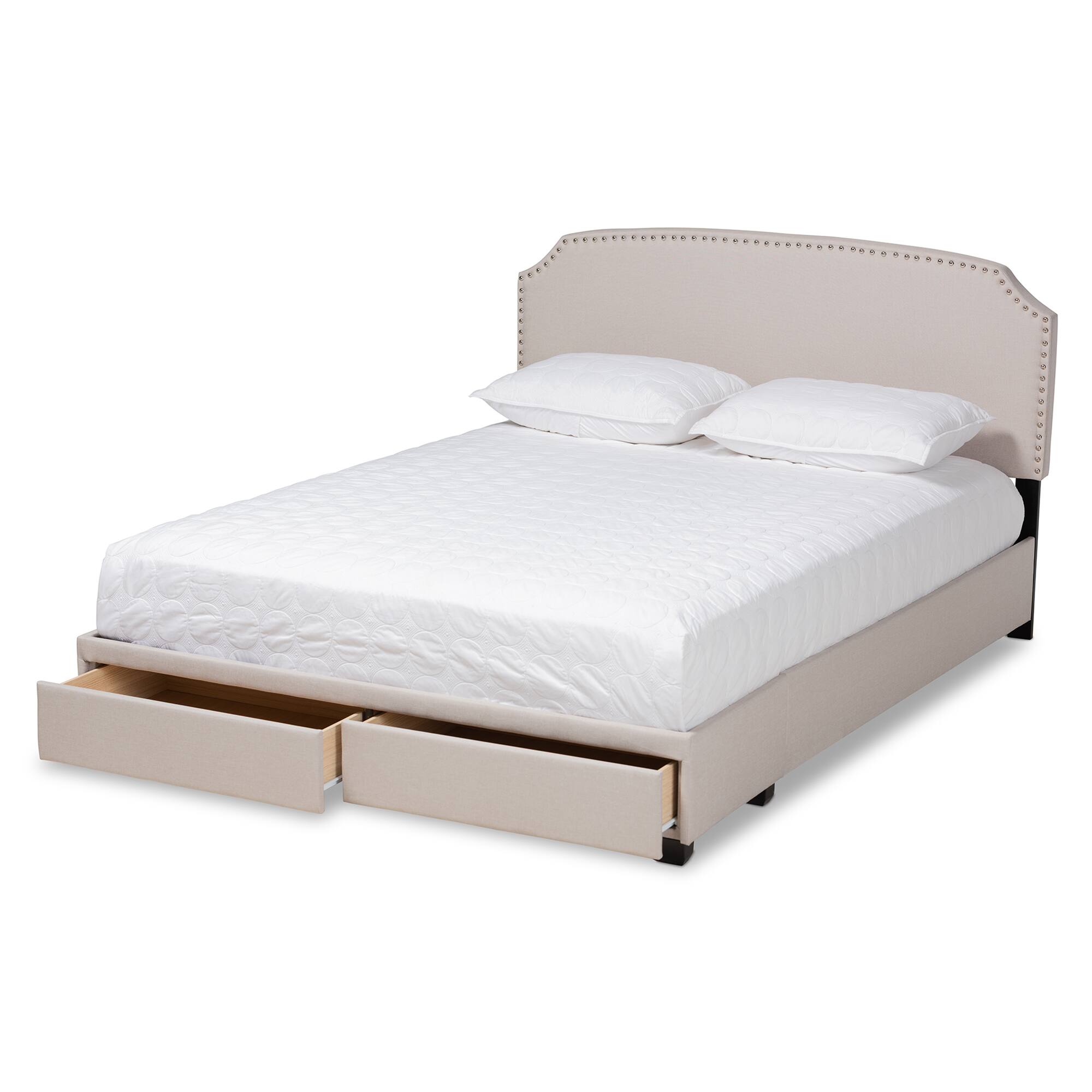 Angle. Baxton Studio - Larese Fabric Upholstered 2-Drawer Queen Size Platform Storage Bed - Beige/Black.