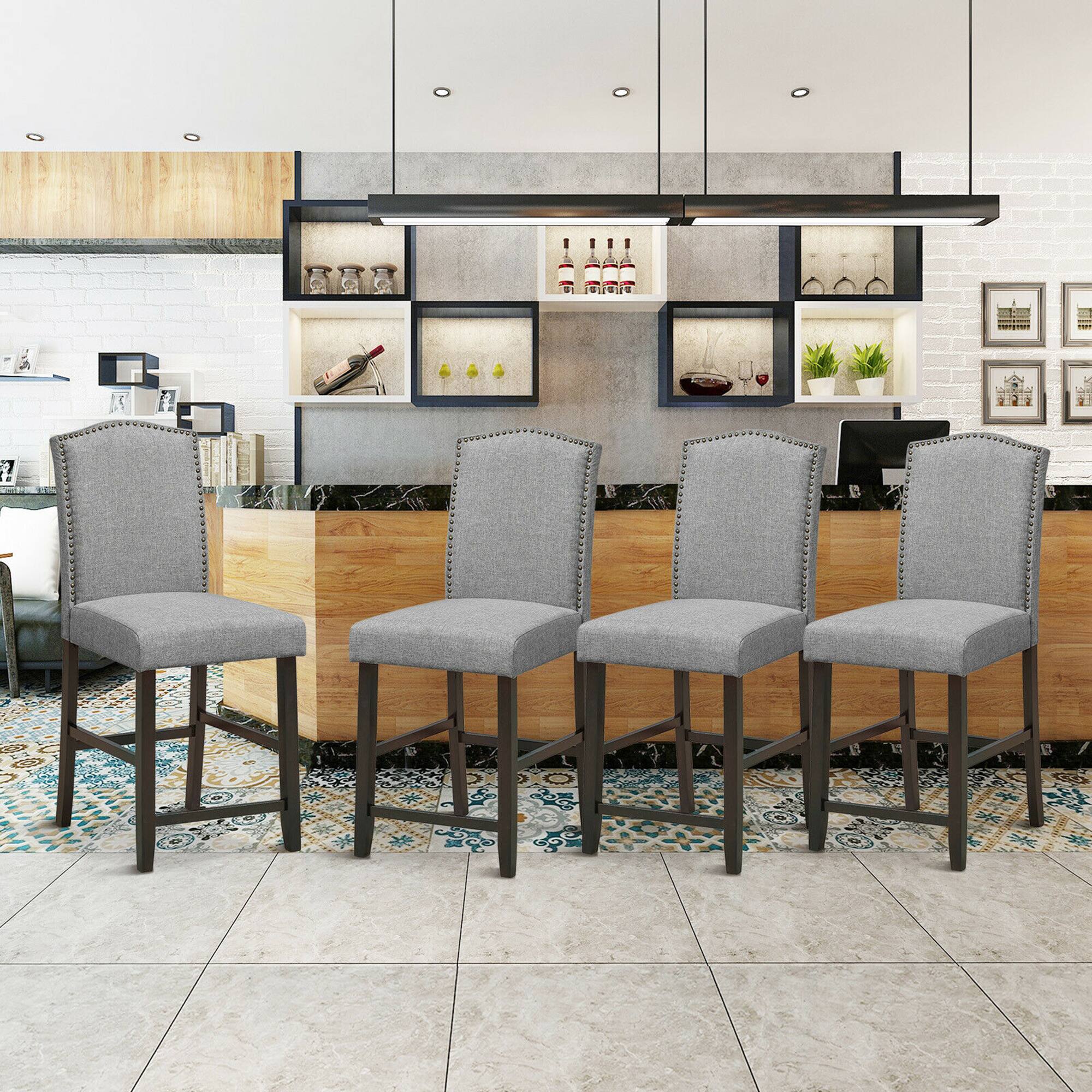Alt View 2. Gymax - Gymax Set of 4 Fabric Barstools Nail Head Trim Counter Height Dining Side Chairs Grey - Grey.