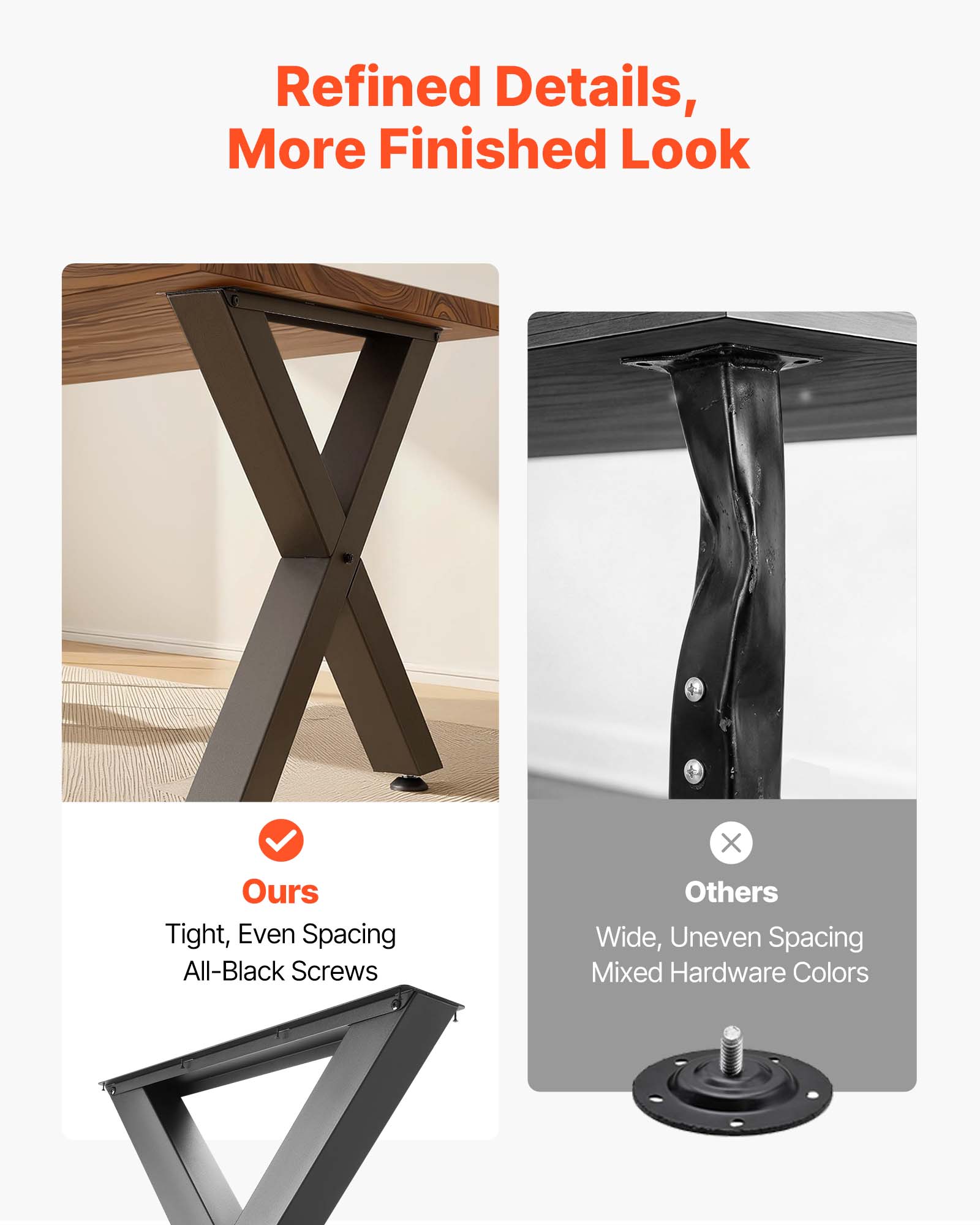 Refined Details, More Finished Look

Ours
Tight, Even Spacing
All-Black Screws

Others
Wide, Uneven Spacing
Mixed Hardware Colors