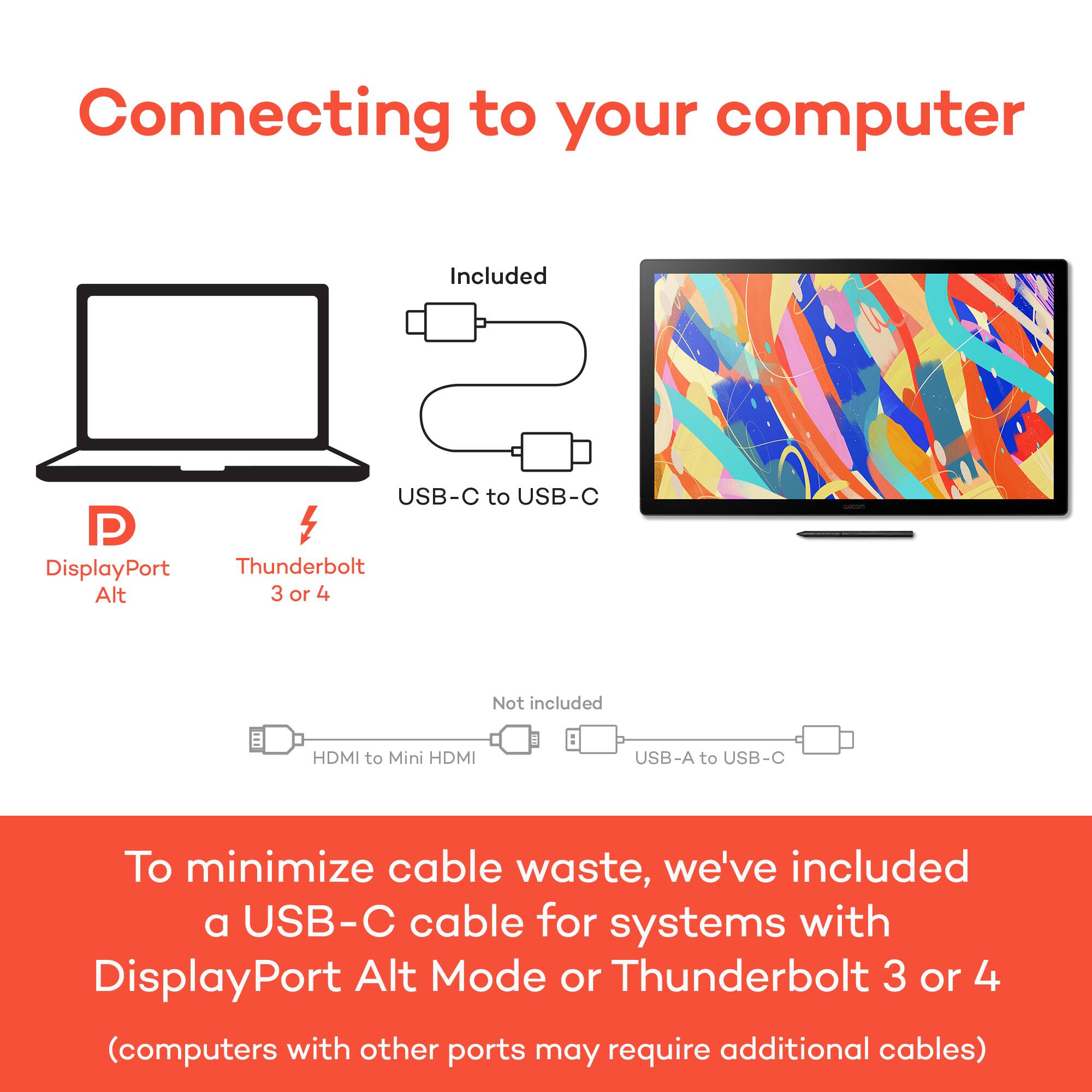 Connecting to your computer

Included:
- USB-C to USB-C
- DisplayPort Alt
- Thunderbolt 3 or 4

Not included:
- HDMI to Mini HDMI
- USB-A to USB-C

To minimize cable waste, we've included a USB-C cable for systems with DisplayPort Alt Mode or Thunderbolt 3 or 4 (computers with other ports may require additional cables)