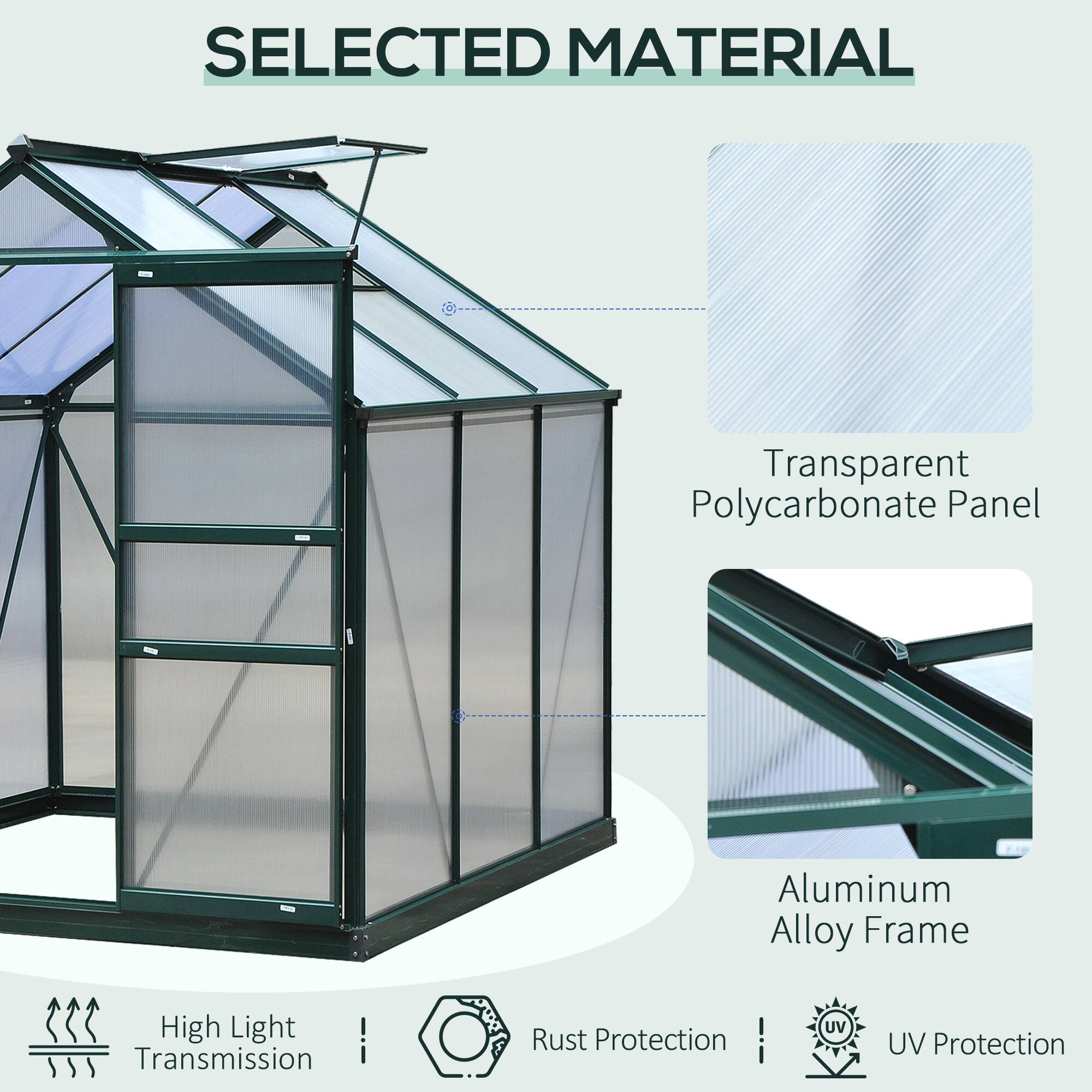 SELECTED MATERIAL
Transparent Polycarbonate Panel
Aluminum Alloy Frame
High Light Transmission
Rust Protection
UV Protection