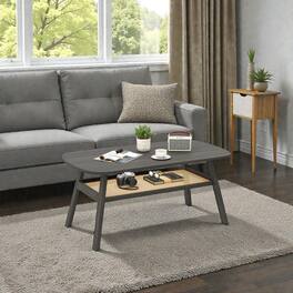 Hivvago - Functional Two-Tier Coffee Table with Rattan Storage and Solid Rubberwood Base - Dark Gray, Natural