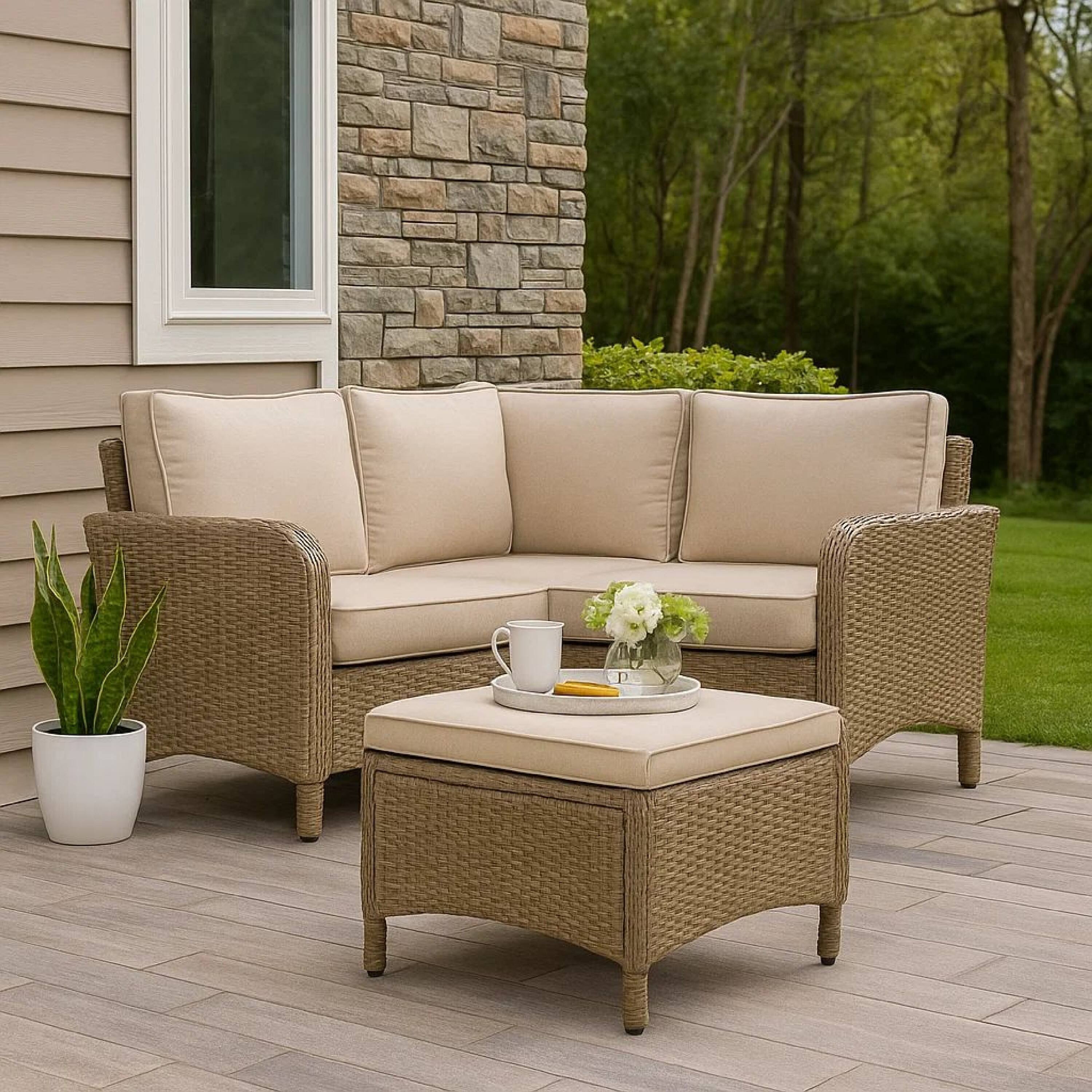 Alt View 5. Manhattan Lane - Ankia 21 Inch Outdoor Square Ottoman, Set of 2, Beige Fabric, Faux Wicker - Beige, Brown.