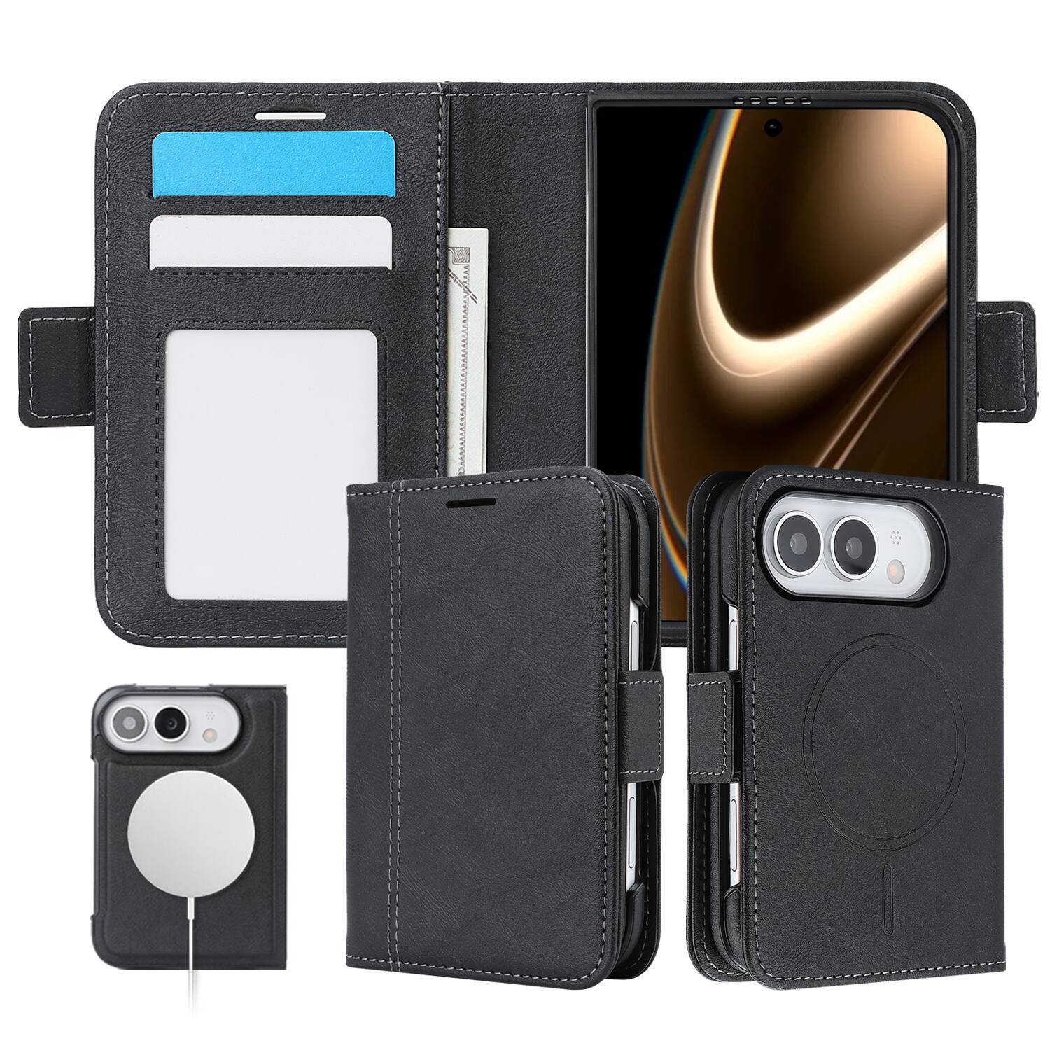Left. UUCOVER - Magnetic Detachable Wallet Case for Apple iPhone Duo Leather Card Slots RFID Blocking Compatible with MagSafe Cover - Black.