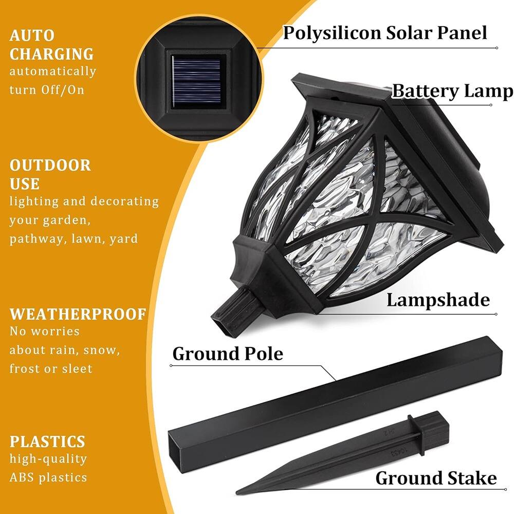 - AUTO CHARGING  
  automatically turn Off/On

- OUTDOOR USE  
  lighting and decorating your garden, pathway, lawn, yard

- WEATHERPROOF  
  No worries about rain, snow, frost or sleet

- PLASTICS  
  high-quality ABS plastics

- Polysilicon Solar Panel

- Battery Lamp

- Lampshade

- Ground Pole

- Ground Stake