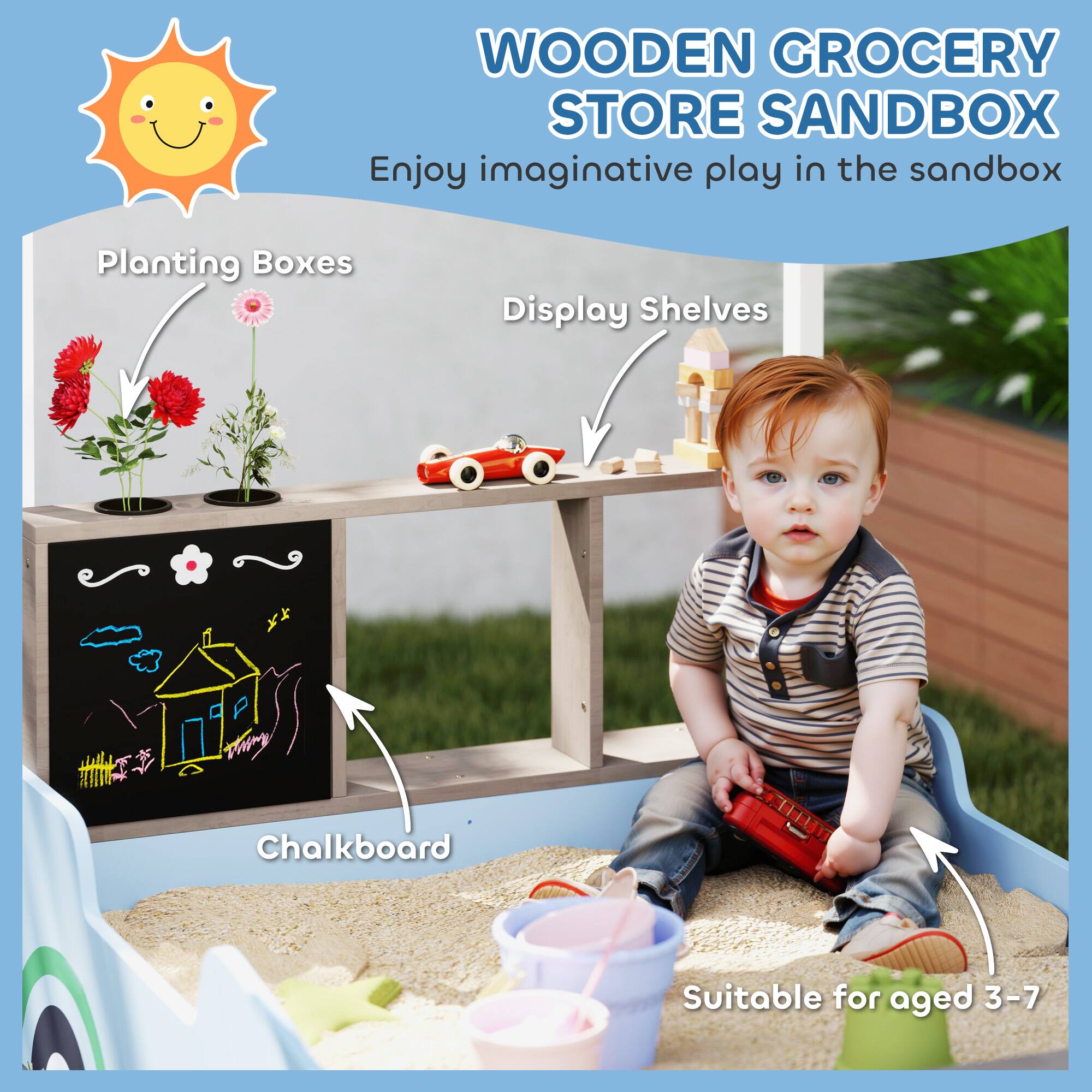 WOODEN GROCERY STORE SANDBOX  
Enjoy imaginative play in the sandbox  

Planting Boxes  
Display Shelves  
Chalkboard  
Suitable for aged 3-7