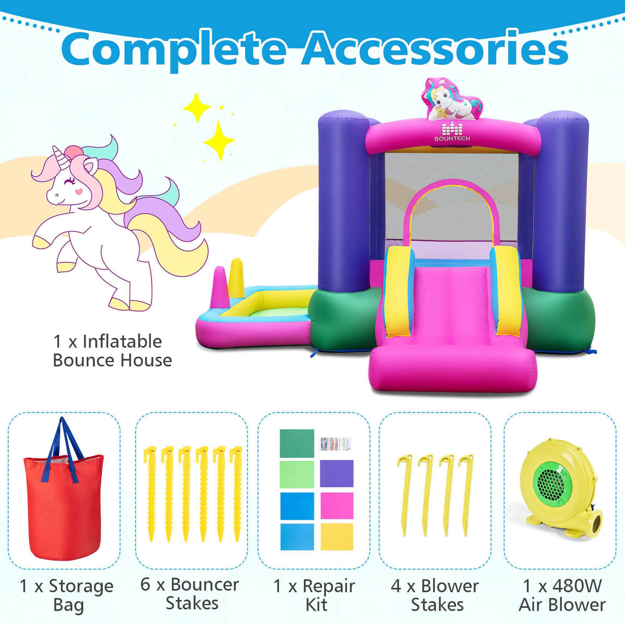 Complete Accessories

1 x Inflatable Bounce House  
1 x Storage Bag  
6 x Bouncer Stakes  
1 x Repair Kit  
4 x Blower Stakes  
1 x 480W Air Blower