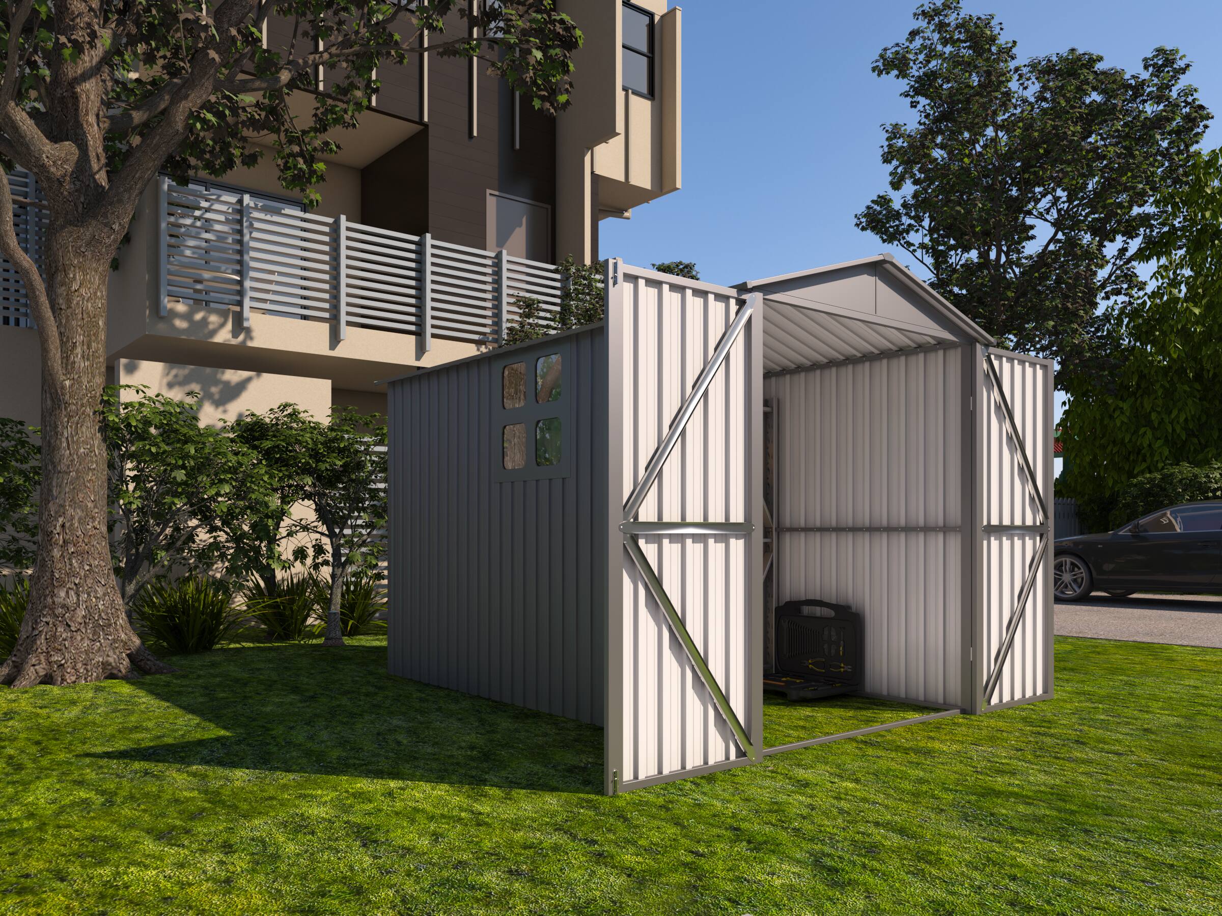 Left. Anysun - Motorcycle Outdoor Storage Shed with Window, 121" Wide, No Tracks/Fixtures, Easy Assembly - Grey.