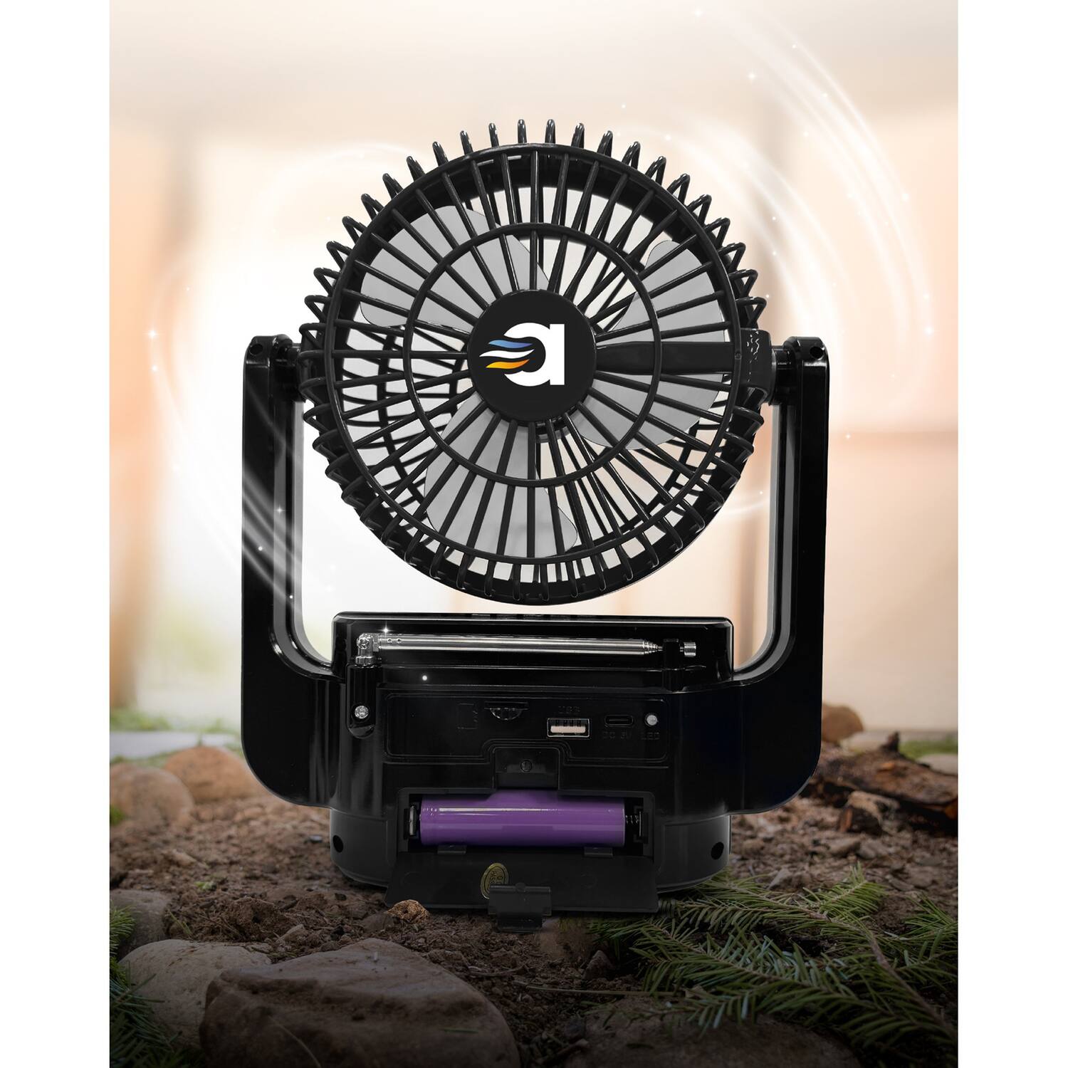 Angle. Airbro - RXF-20 Rechargeable Portable Fan, Bluetooth Speaker, 3-Band Radio - Black.