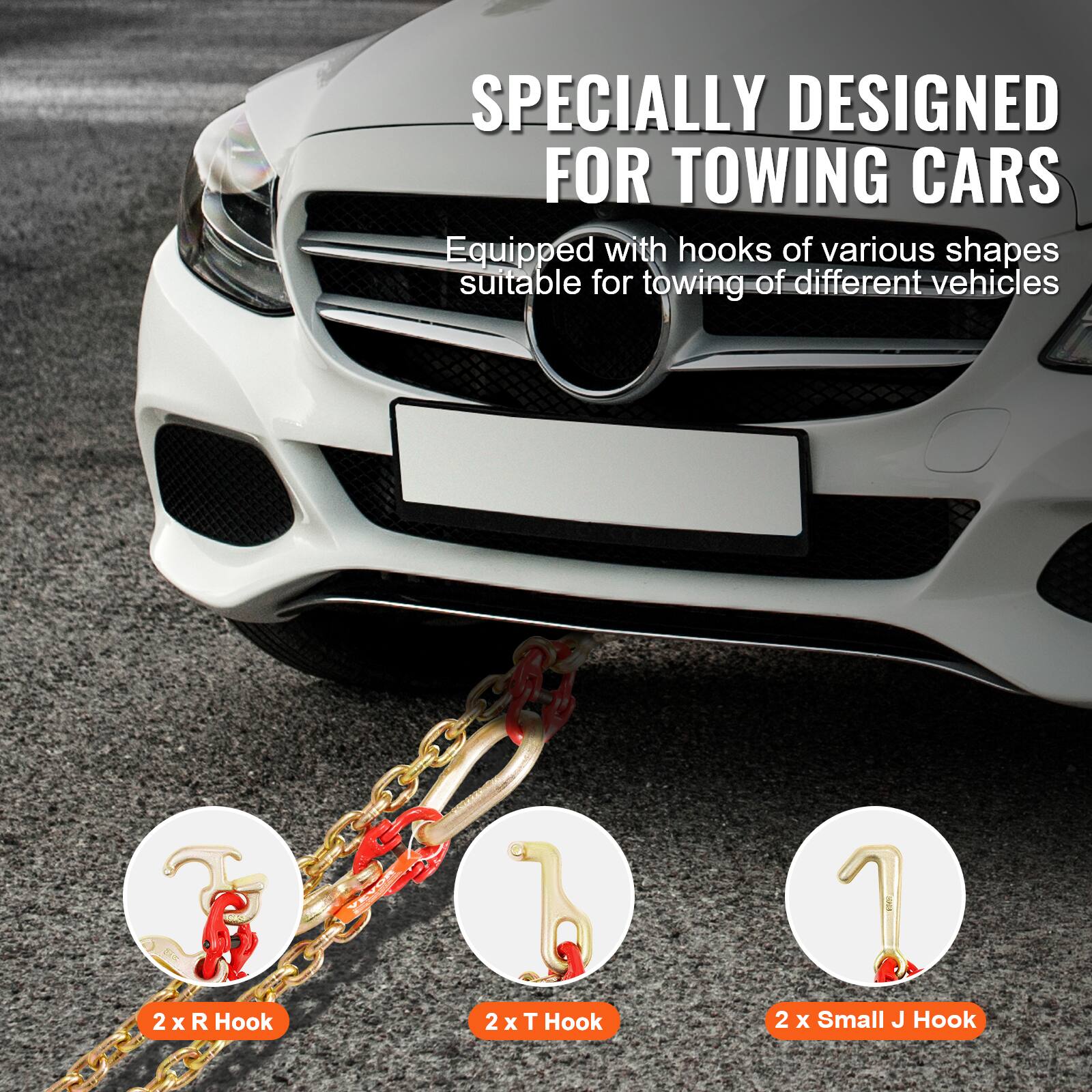 SPECIALLY DESIGNED FOR TOWING CARS  
Equipped with hooks of various shapes suitable for towing of different vehicles  
- 2 x R Hook  
- 2 x T Hook  
- 2 x Small J Hook