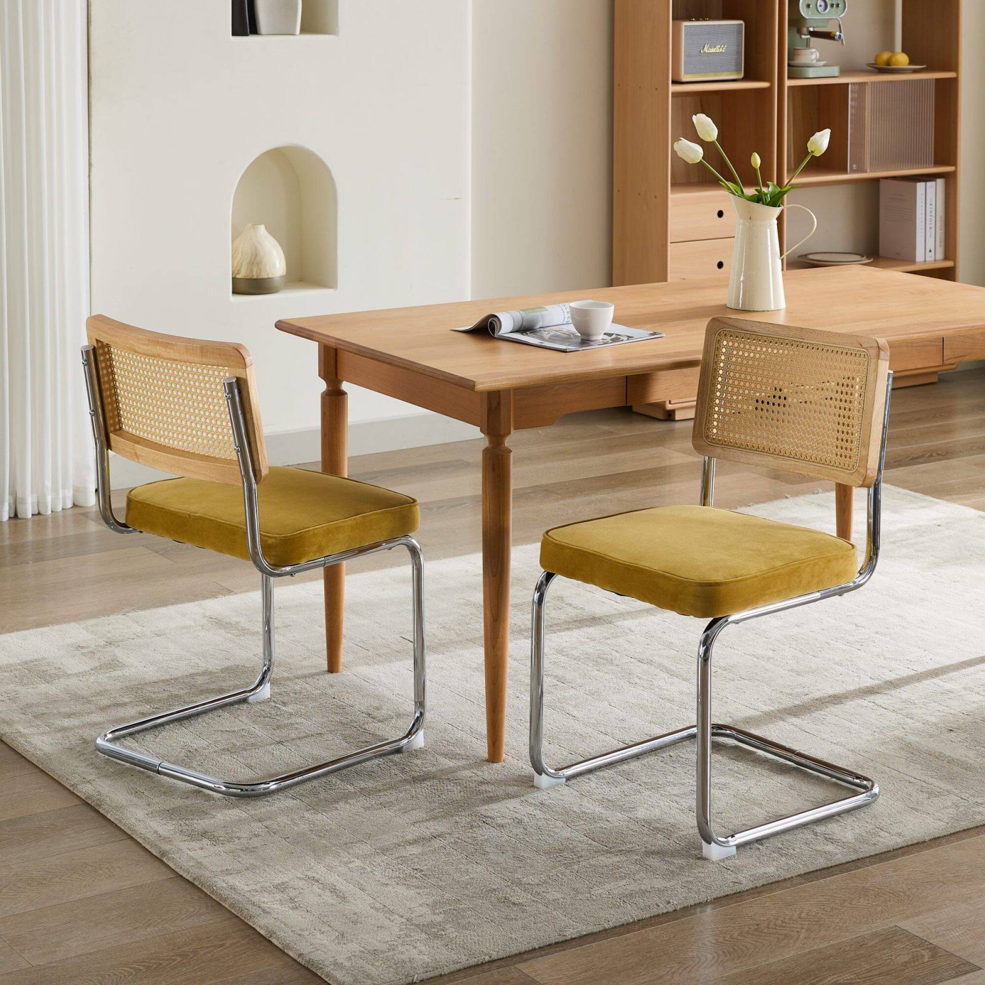 Alt View 8. GOODSILO - Mid Century Modern Dining Chairs Set of Two with Velvet Upholstery and Cane Back - Gold.