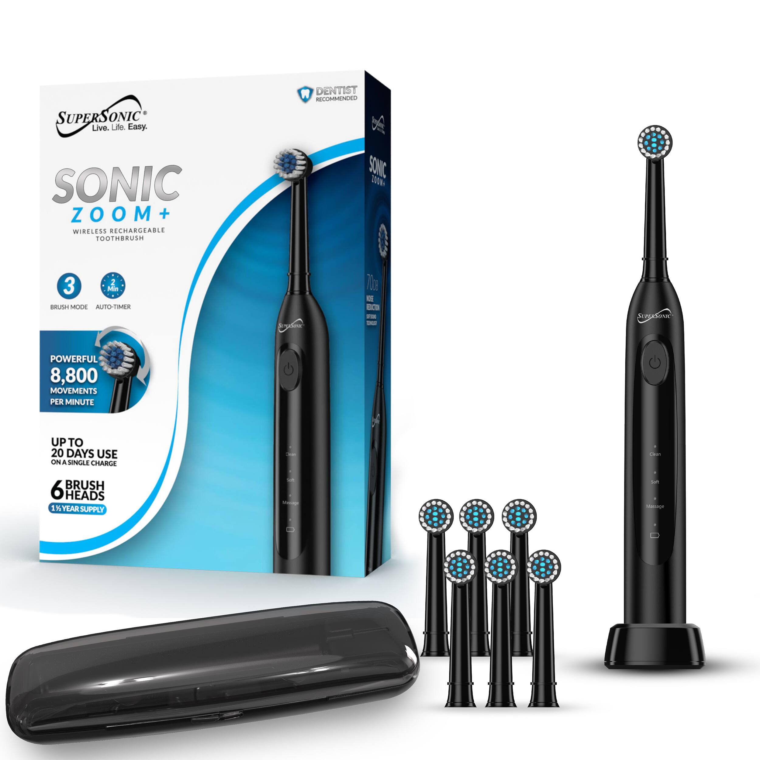 SUPERS ONIC Live. Life Easy. R DENTIST RECOMMENDED SONIC ZOOM + WIRELESS RECHARGEABLE TOOTHBRUSH SONIC w 3 - nLr MODE AUTO-TIMER 7om O -s Sagsaue POWERFUL 8,800 MOVEMENTS PER MINUTE UP TO 20 DAYS USE ON A SINGLE CHARGE 6 BRUSH HEADS 1 YEAR SUPPLY