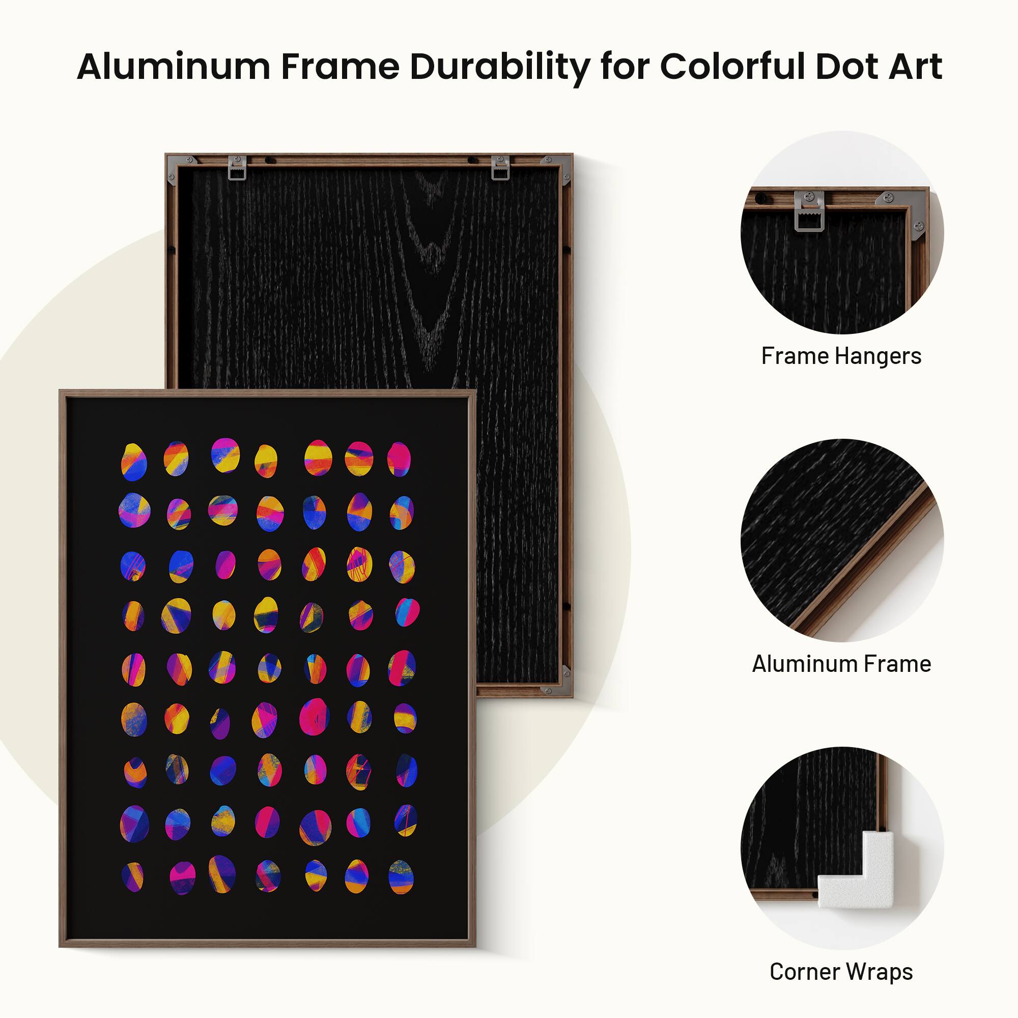 Aluminum Frame Durability for Colorful Dot Art

- Frame Hangers
- Aluminum Frame
- Corner Wraps