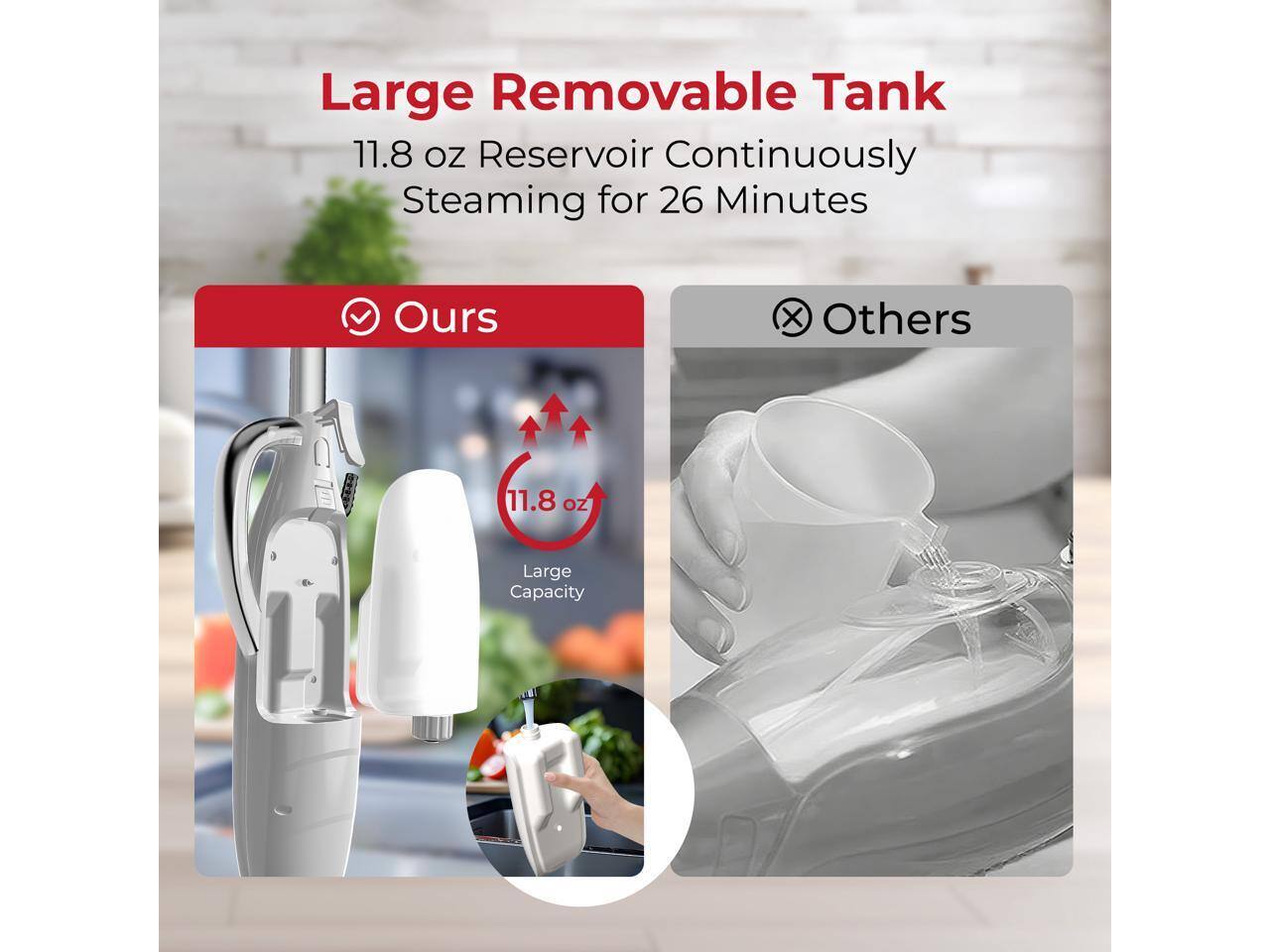 Large Removable Tank  
11.8 oz Reservoir Continuously Steaming for 26 Minutes  

Ours  
11.8 oz  
Large Capacity  

Others