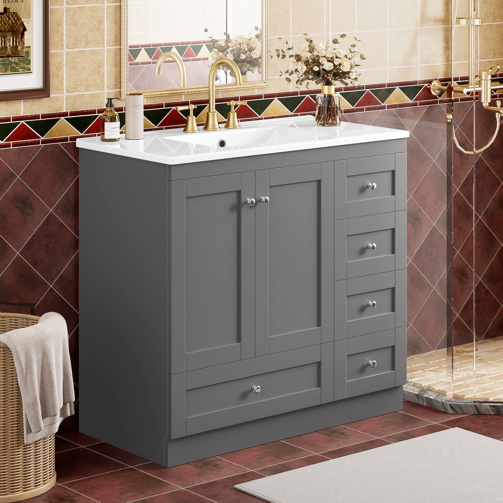 Alt View 9. Glintex - 36" Bathroom Vanity with Sink, Shaker Style Cabinet, 4 Drawers, 2 Doors, Free-Standing Storage Vanity - Grey.