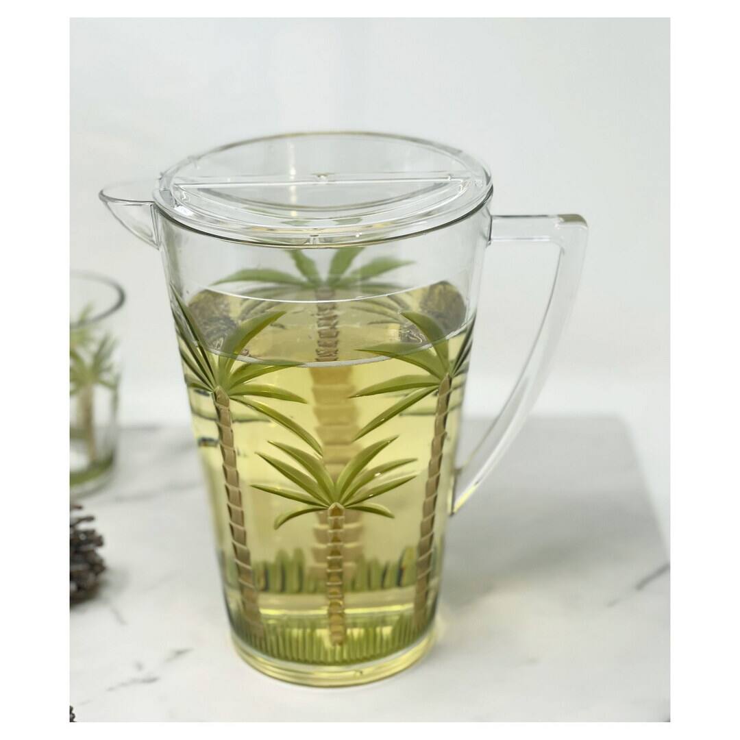 Angle. APRILSOUL - Quarts Water Pitcher with Lid Palm Tree Design Unbreakable Plastic BPA Free Juice Pitcher - white.