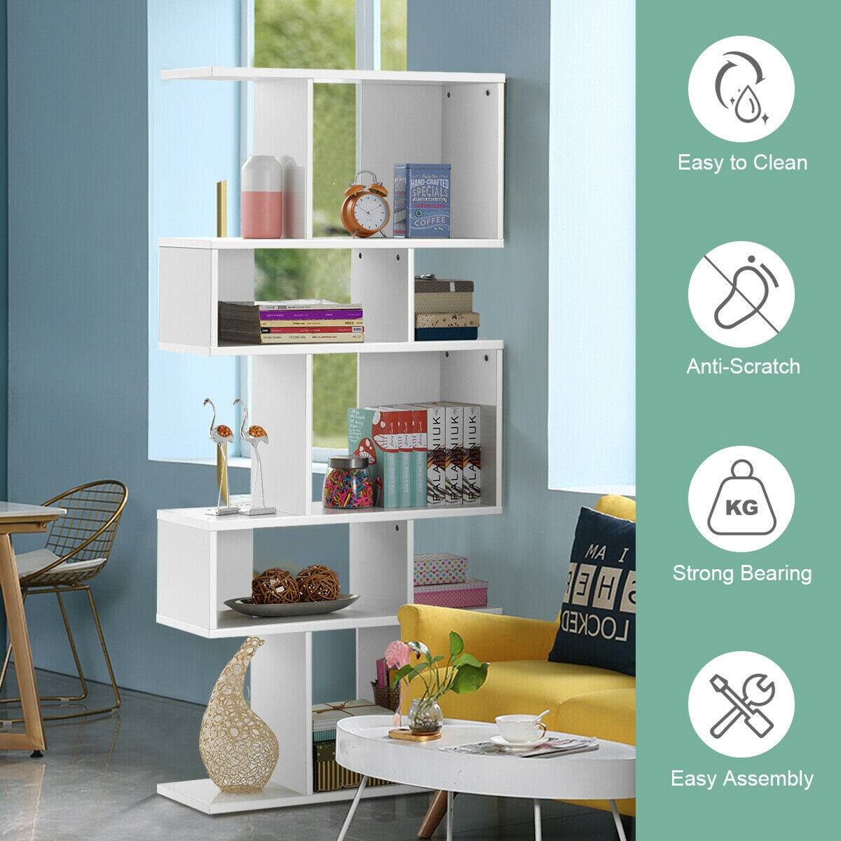 The image features a white bookshelf with several books and other items on it. The bookshelf is described as easy to clean, anti-scratch, and having strong bearings. The bookshelf is also labeled as easy to assemble. The scene also includes a yellow chair, a dining table, and a potted plant.