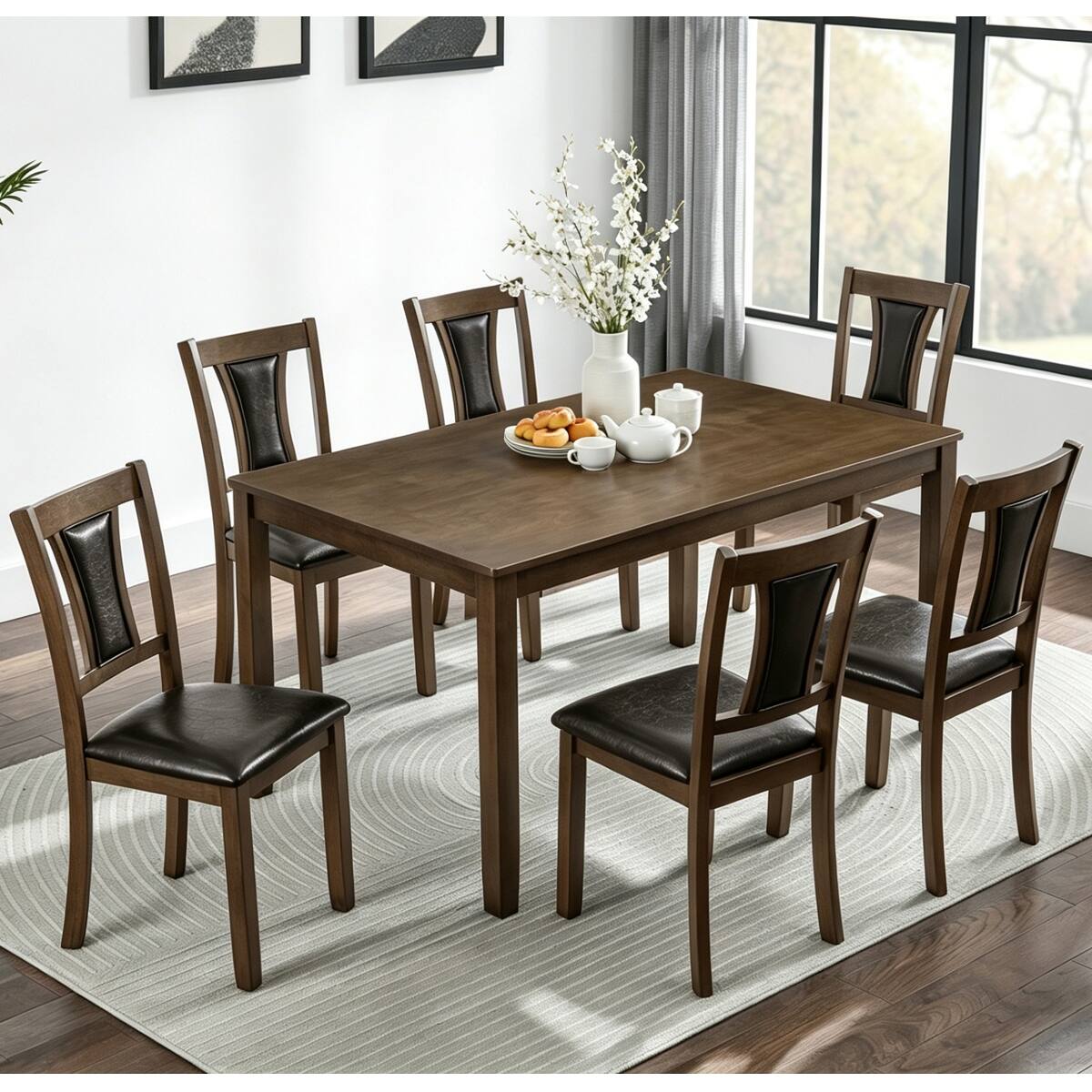 Angle. Loheer - Loheer 7-Piece Dining Table Set for 6, Walnut Rectangular Table with Upholstered Chairs - Walnut.