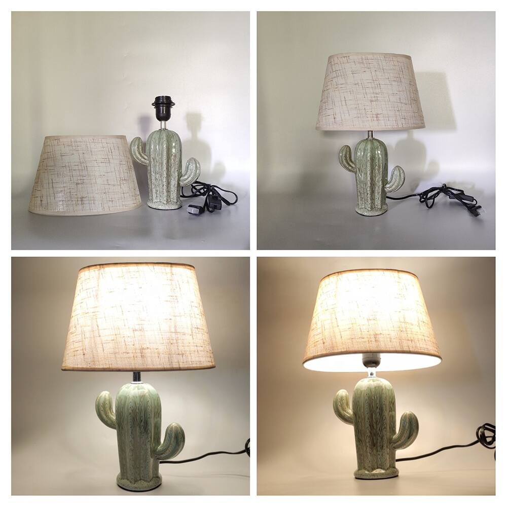 Alt View 4. Cluzine - Cute Ceramic Cactus Table Lamp, Green Porcelain Body with Folding Lampshade E27 Base Decor Lamp for Home Bedroom.