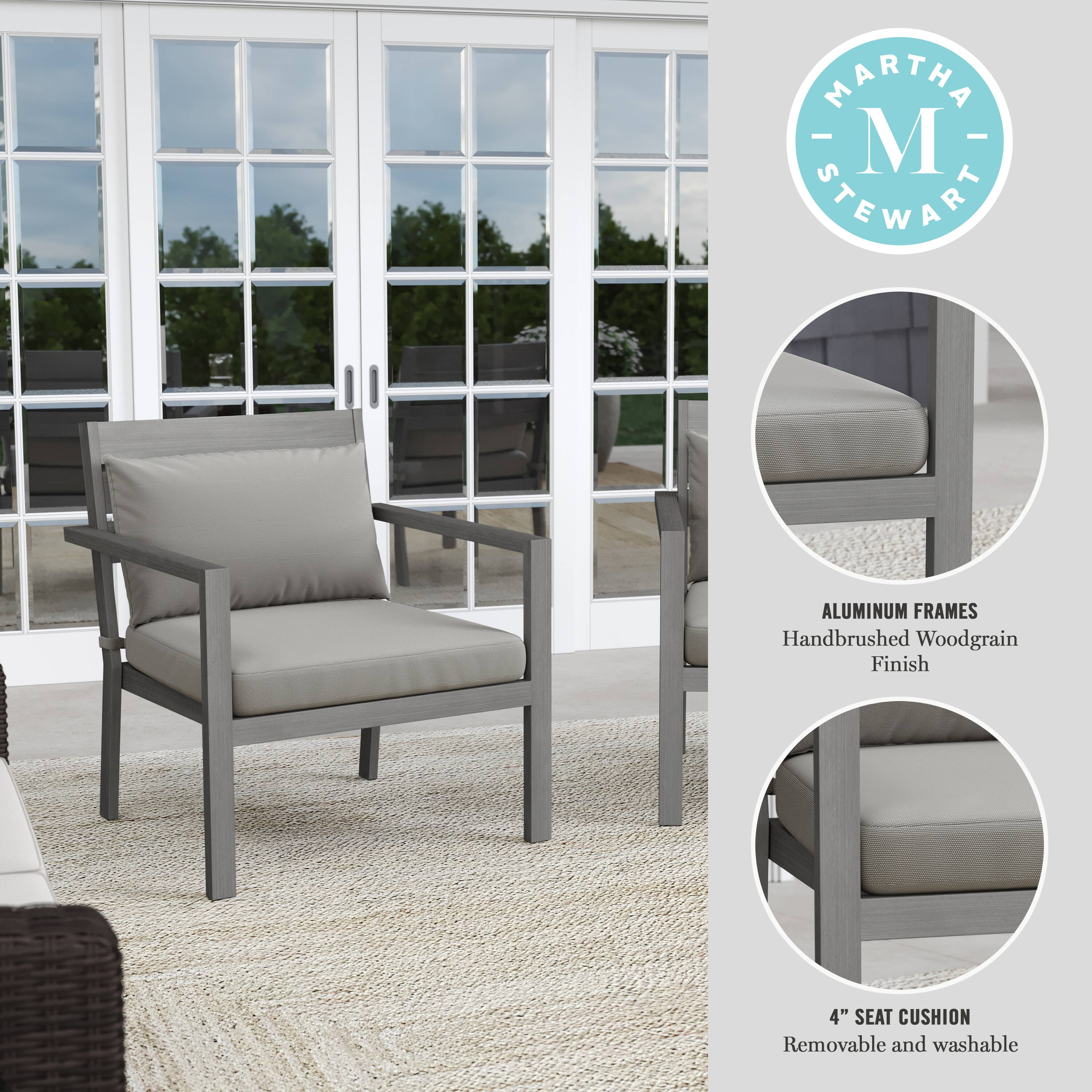 MARTHA STEWART ALUMINUM FRAMES Handbrushed Woodgrain Finish 4" SEAT CUSHION Removable and washable
