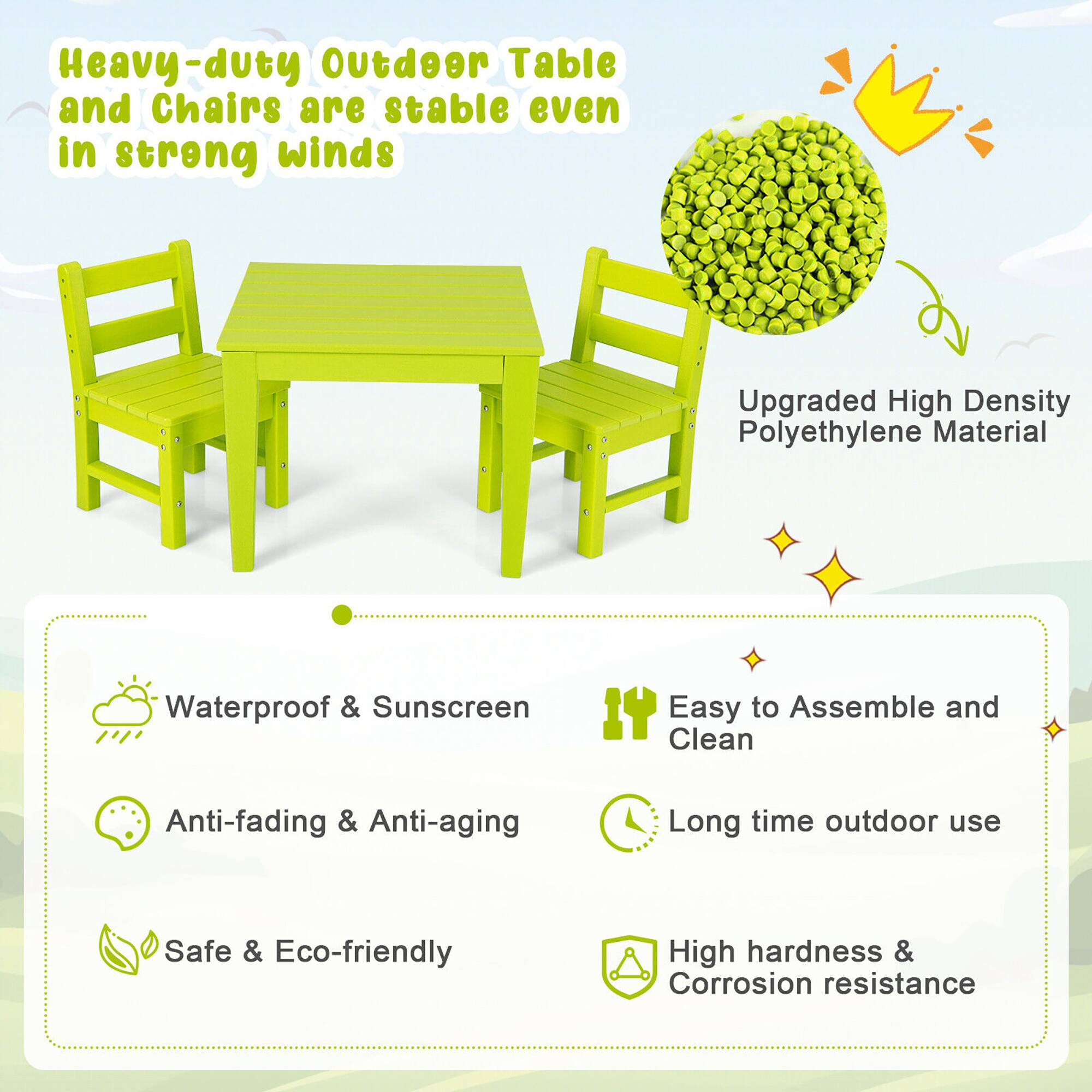 Heavy-duty Outdoor Table and Chairs are stable even in strong winds

Upgraded High Density Polyethylene Material

- Waterproof & Sunscreen
- Anti-fading & Anti-aging
- Safe & Eco-friendly
- Easy to Assemble and Clean
- Long time outdoor use
- High hardness & Corrosion resistance