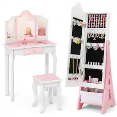 Front. Costway - Costway Kids Vanity Set Princess Makeup Dressing Table & Chair Set with Jewelry Armoire - White.