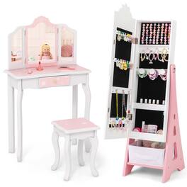 Costway - Kids Vanity Set Princess Makeup Dressing Table & Chair Set with Jewelry Armoire - White