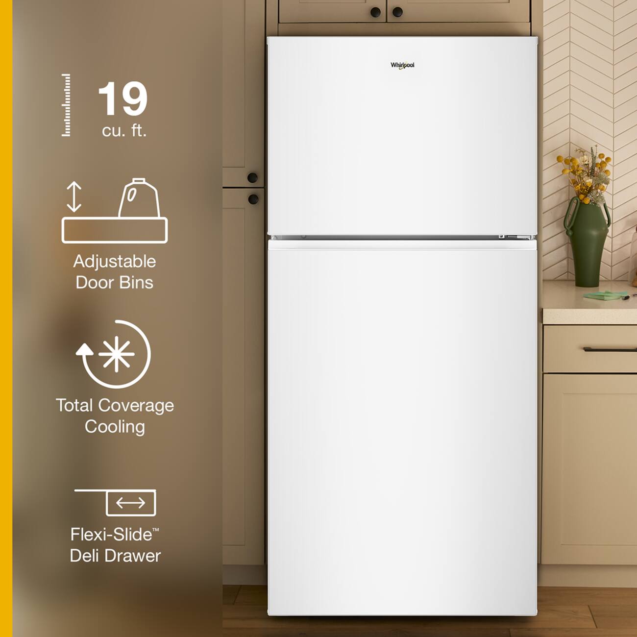 19 cu. ft. Whirlpool Adjustable Door Bins Total Coverage Cooling Flexi-Slide Deli Drawer