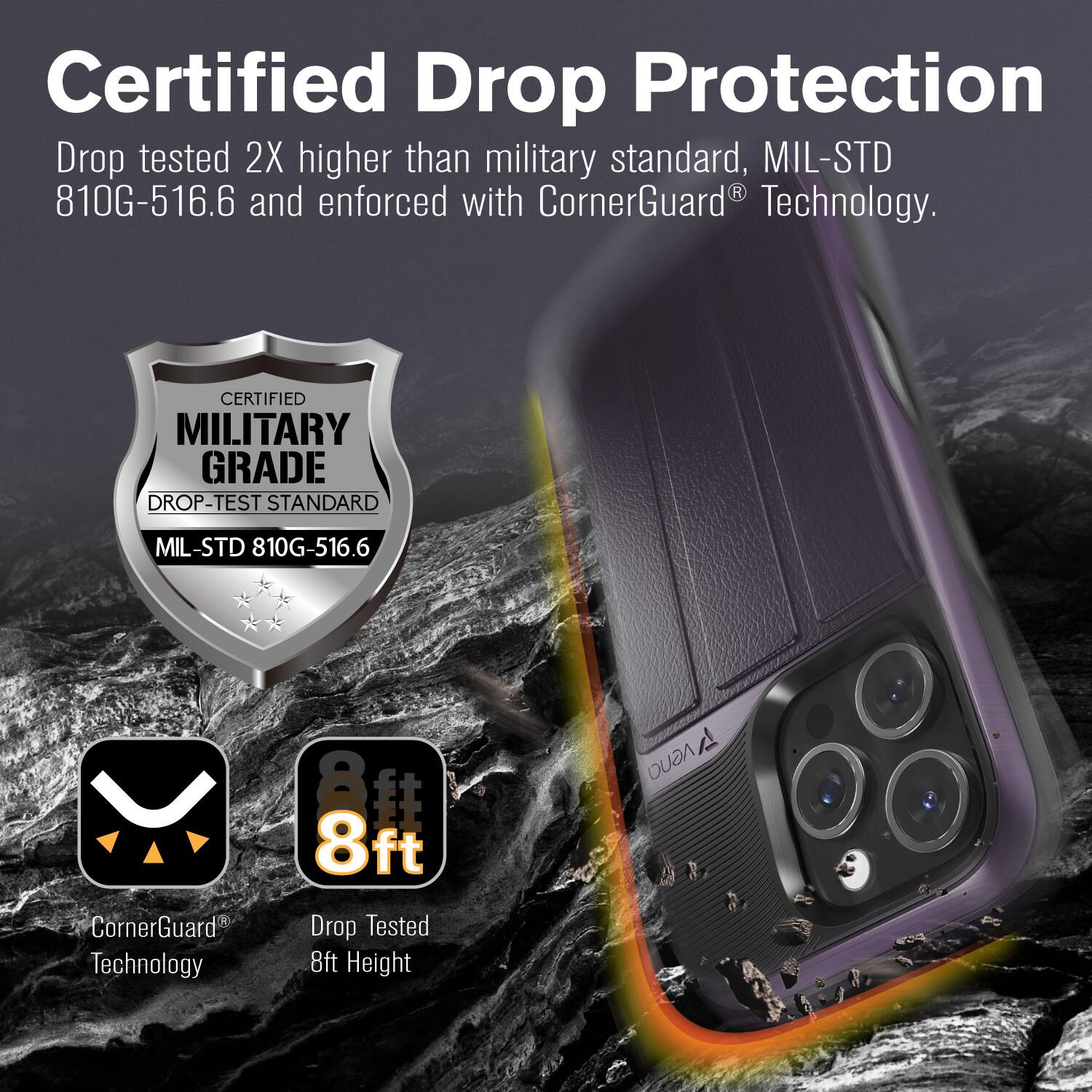 Certified Drop Protection

Drop tested 2X higher than military standard, MIL-STD 810G-516.6 and enforced with CornerGuard Technology.

CERTIFIED MILITARY GRADE DROP-TEST STANDARD MIL-STD 810G-516.6
CornerGuard Technology
8ft Drop Tested 8ft Height