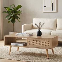 Z-Edge - Mid-Century Modern Coffee Table with Storage, Rectangle Wooden Center Tables with Sliding Rattan Door for Living Room - Natural