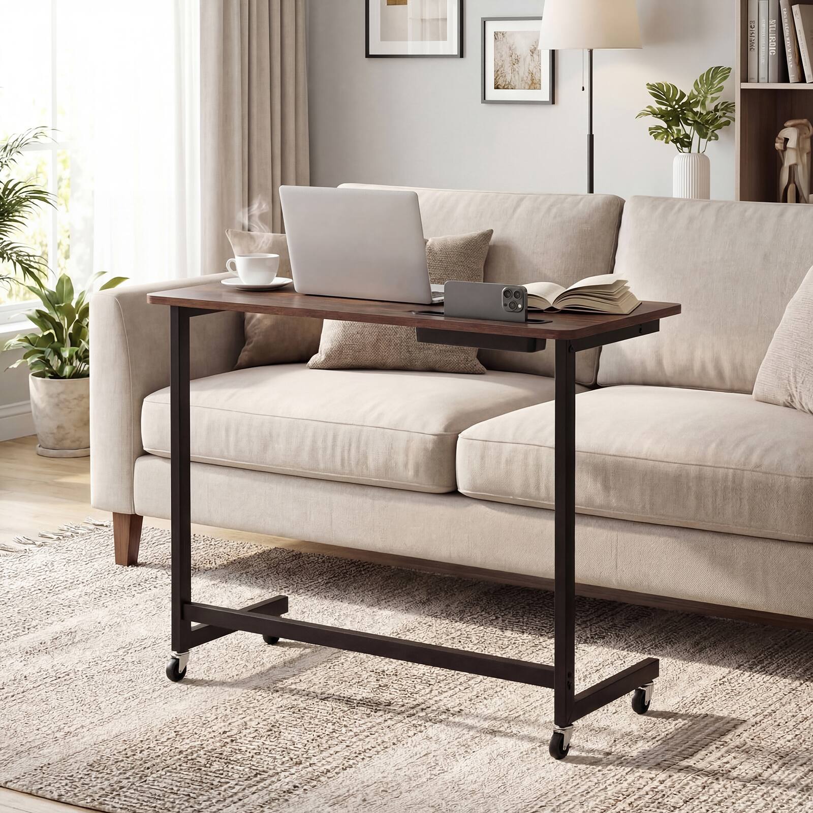 Alt View 1. Gymax - Gymax C-Shaped Rolling Side Table w/ Wheels & Tablet SlotMetal FrameRustic Brown - Brown.