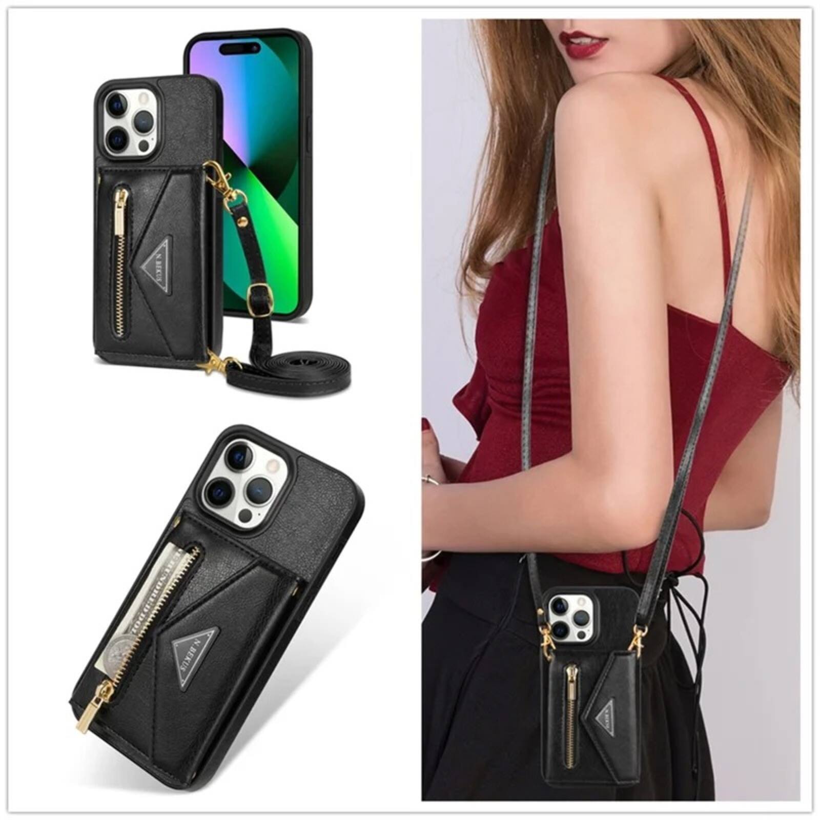 Alt View 6. UUCOVER - Wallet Case for Apple iPhone 16 Pro Max with Card Slots Holder, Zipper Pocket and Shoulder Strap, Flip Kickstand Cover - Black.