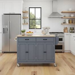 Forest'nSky - 54.3" Kitchen Island Cart with Solid Wood Top – 4 Doors, 2 Drawers, Spice Rack & Towel Rack, Locking Wheels - Grey Blue