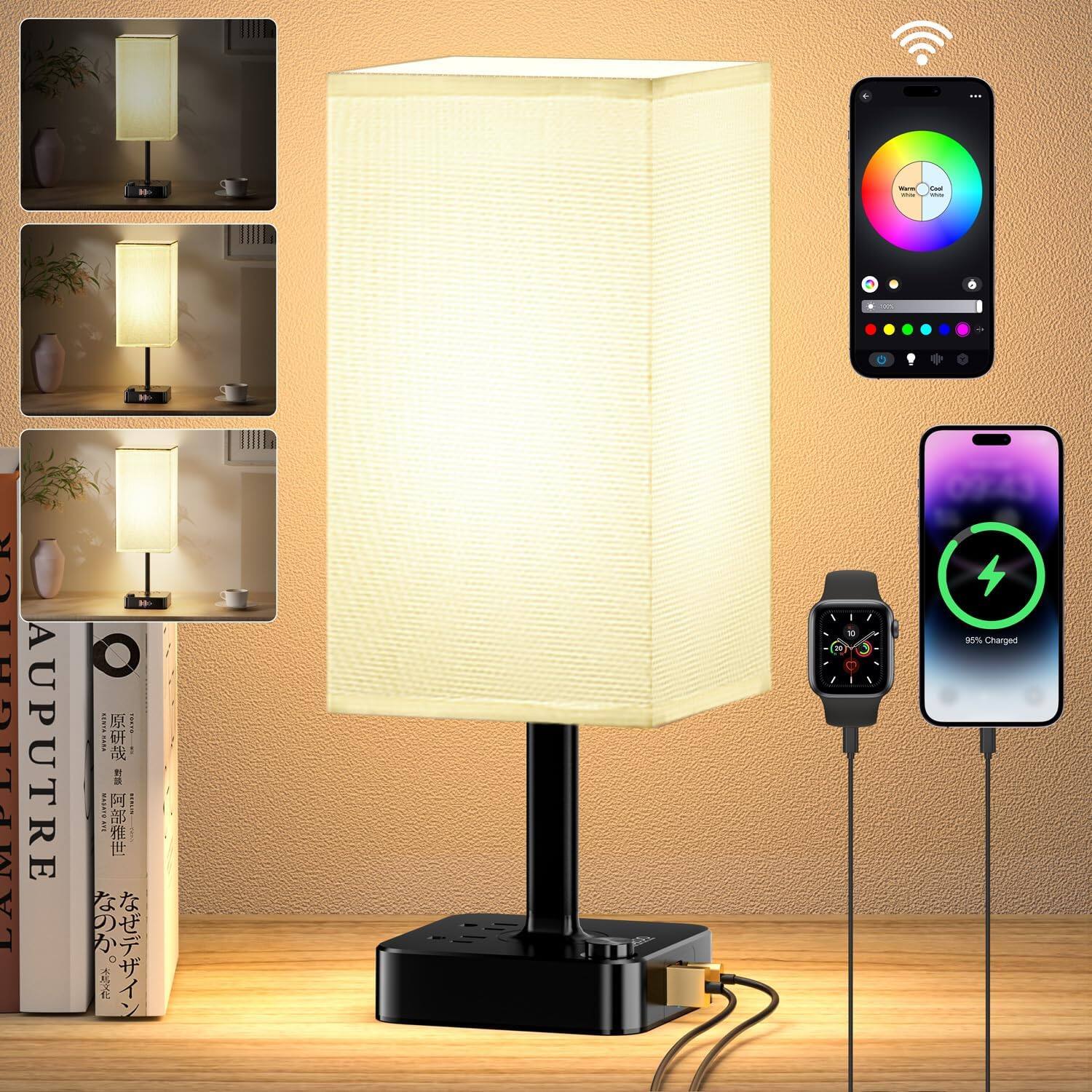 Stamp n Camp - Table Lamp Dimmable cozoo USB Bedside Table Desk Lamp with 2 USB Charging Port 2 Outlet Nightstand Lamp with Charger - Bluetooth/WiFi Multi-colored