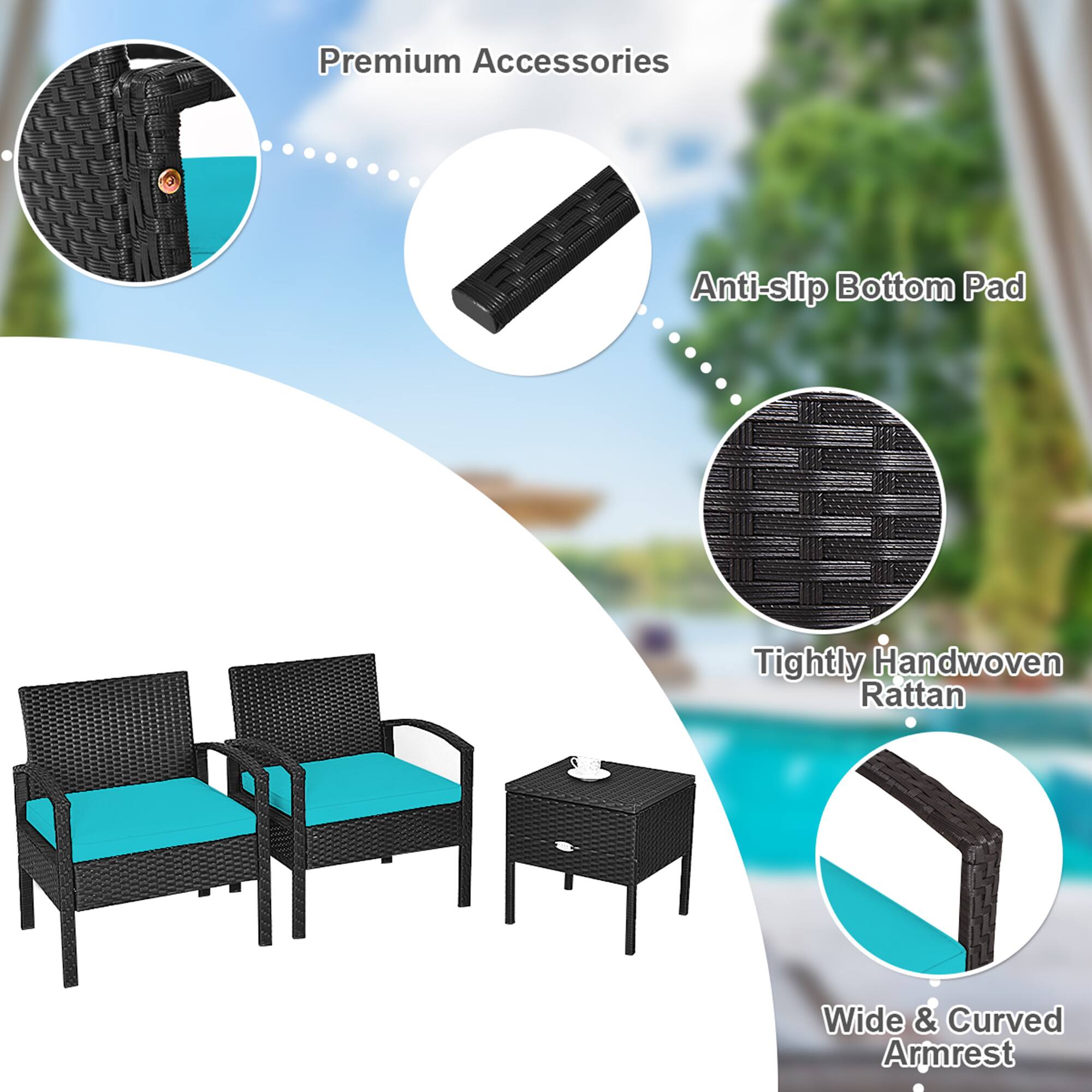 Premium Accessories, Anti-slip Bottom Pad, Tightly Handwoven Rattan, Wide & Curved Armrest