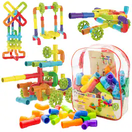PicassoTiles - 76PC STEM Pipe Building Interlocking Tube Construction Toy With Wheels & Storage Backpack, Learning Blocks For Kids