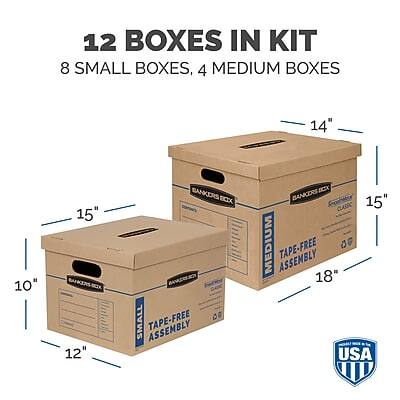 12 BOXES IN KIT  
8 SMALL BOXES, 4 MEDIUM BOXES  

SMALL BOXES:  
- 10" x 12" x 15"  

MEDIUM BOXES:  
- 14" x 15" x 18"  

TAPE-FREE ASSEMBLY  
USA
