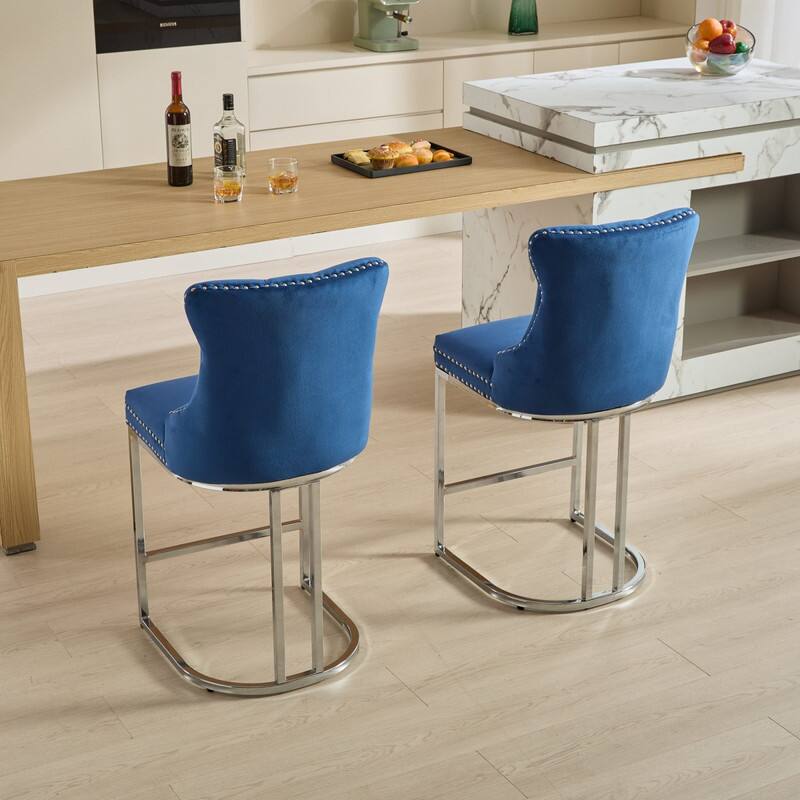 Alt View 5. HTUTWOO - 25" Counter Height Bar Stools Set of 2, Velvet Upholstered with Button Back & Rivet Trim, for Kitchen Island & Home Bar - Blue.