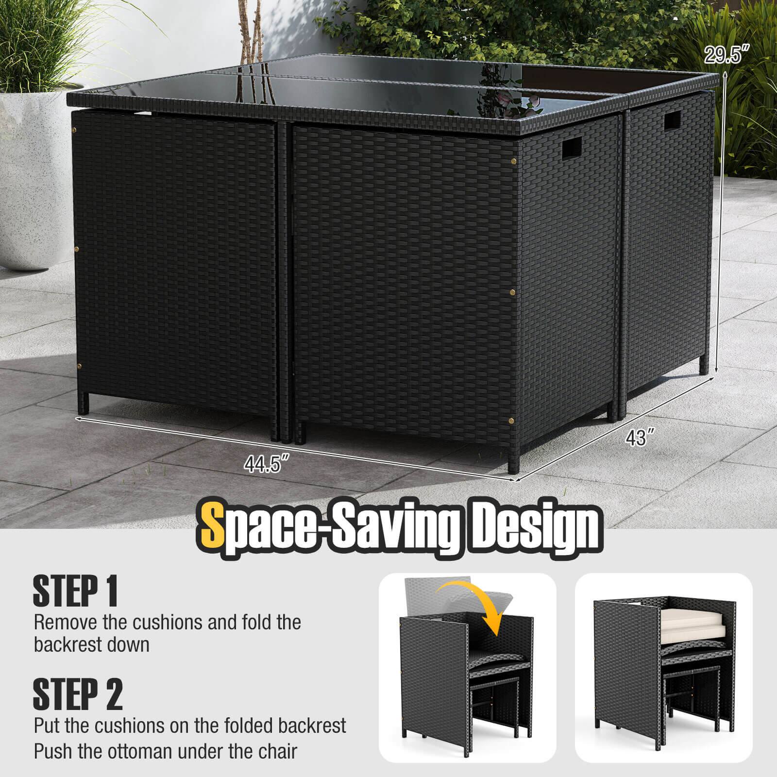 Space-Saving Design

STEP 1 Remove the cushions and fold the backrest down

STEP 2 Put the cushions on the folded backrest
Push the ottoman under the chair

29.5"
43"
44.5"